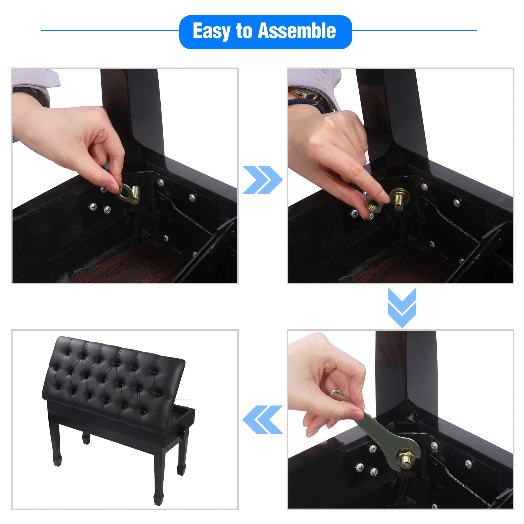 Adjustable Duet Piano Bench with Storage - Heavy Duty Wooden Double Keyboard Bench Seat with PU Leather Cushion - Black - Perfect for Piano Players, Music Teachers & Home Studios