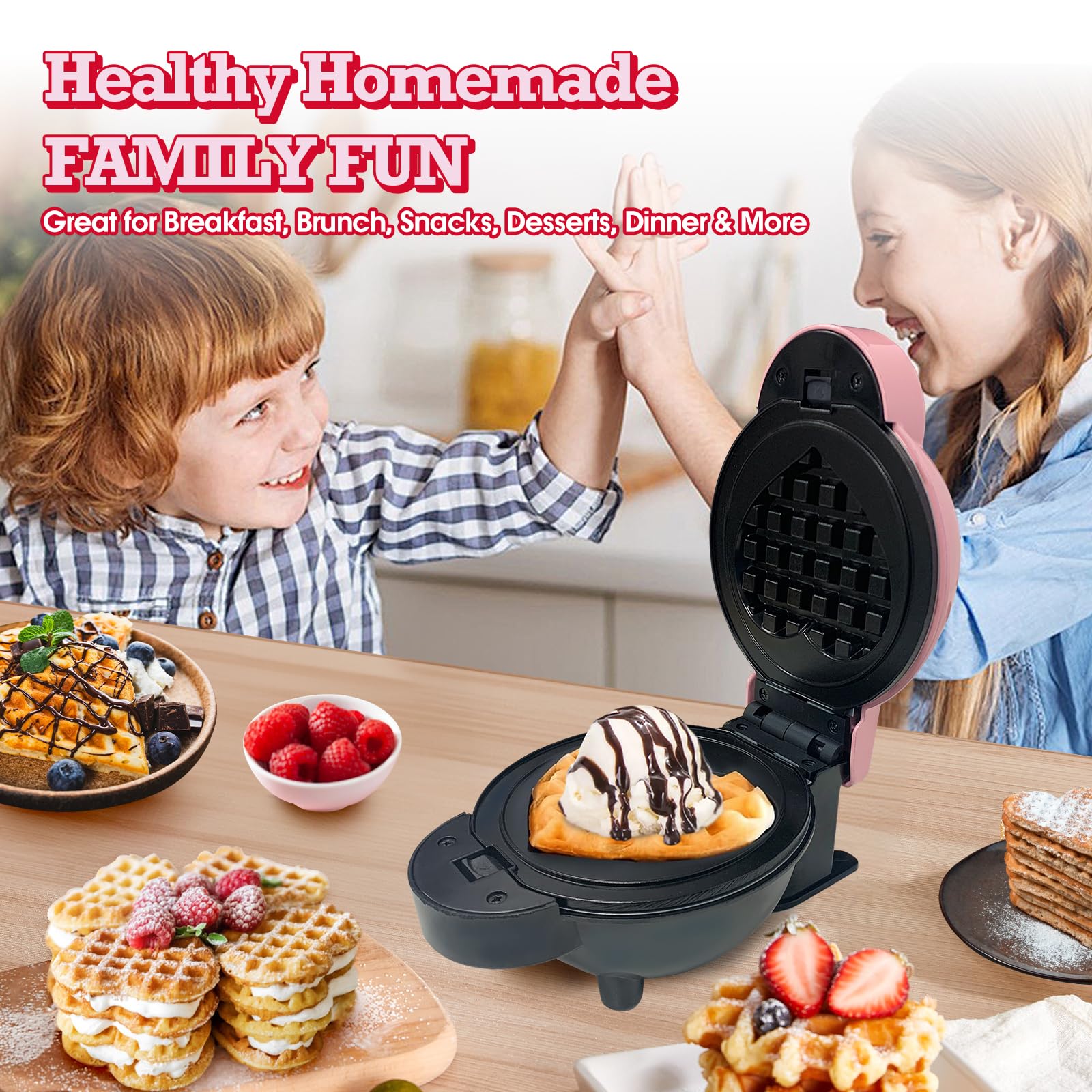 Mini Waffle Maker with 6 Removable Plates - 3-in-1 Multi-Function Heart Waffle Iron for Keto Diet, Kids & Family - 4
