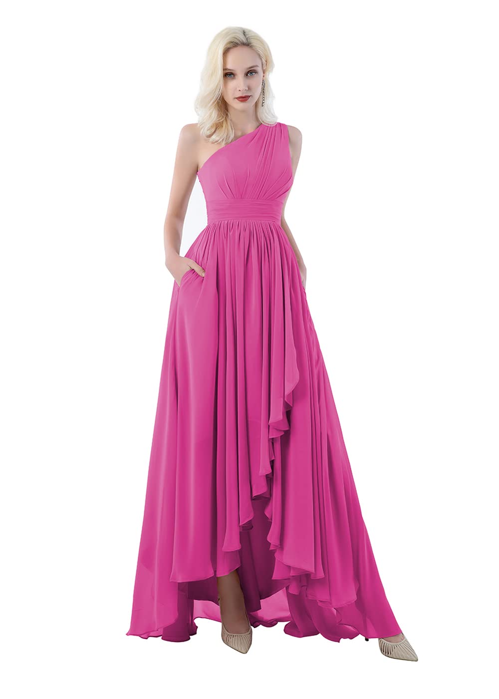 SOLODISH Women's Elegant One Shoulder Pleated Chiffon Long Bridesmaid Dress - Wedding Party, Formal Evening Gown for Prom, Cocktail, Black Tie Events