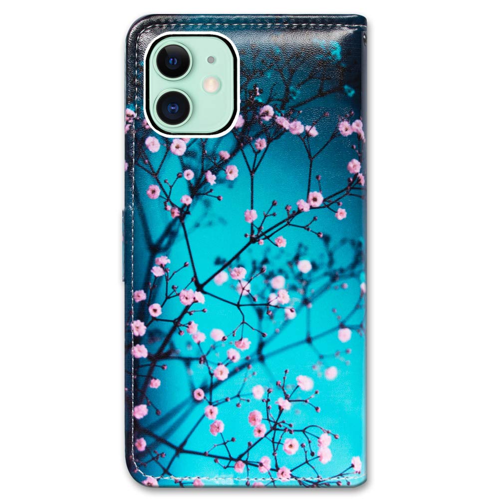 Premium Leather Flip Wallet Case for iPhone 12 Mini with Card Slots & Kickstand - Plum Blossom Design | Slim Protective Cover for Everyday Use, Travel & Business Meetings