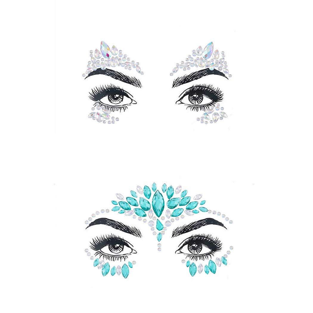 Sparkling Rhinestone Face Stickers - Mermaid & Festival Face Gems - Waterproof Temporary Body Jewelry for Women & Girls (2 Sets) - Perfect for Parties, Concerts & Costume Events