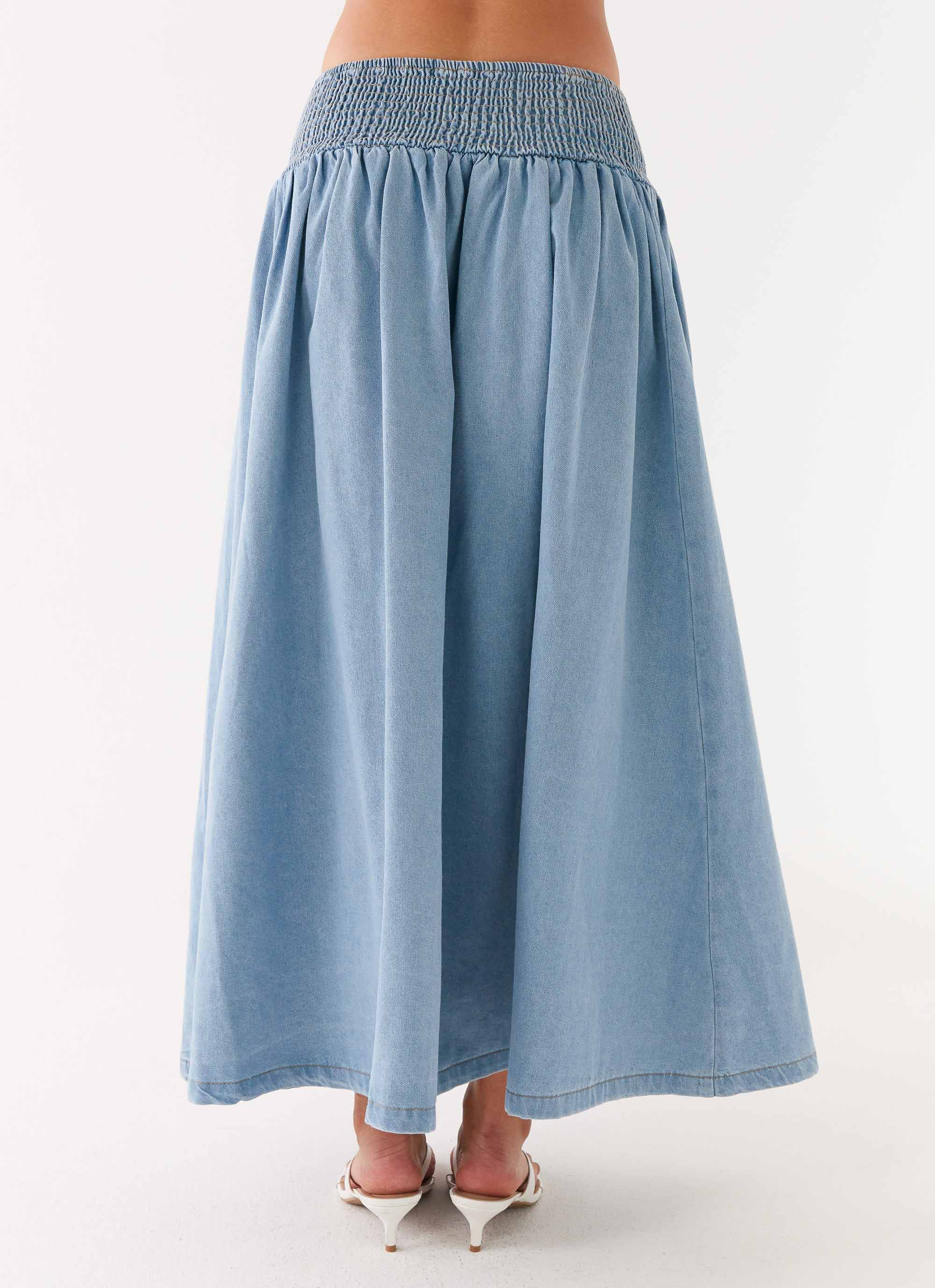 Vintage Washed Blue Midi Skirt for Women - High Waist A-Line Heater Skirt | Perfect for Fall & Winter Outfits, Office Wear & Casual Dates