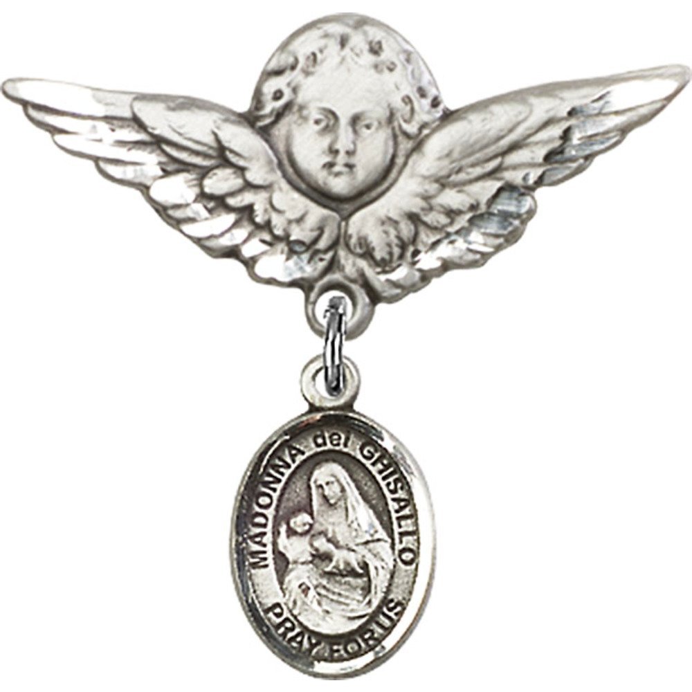 Sterling Silver Baby Badge with St. Madonna Del Ghisallo Charm & Angel Wing Pin - Perfect for Christening Gifts, Baby Showers, and Religious Keepsakes