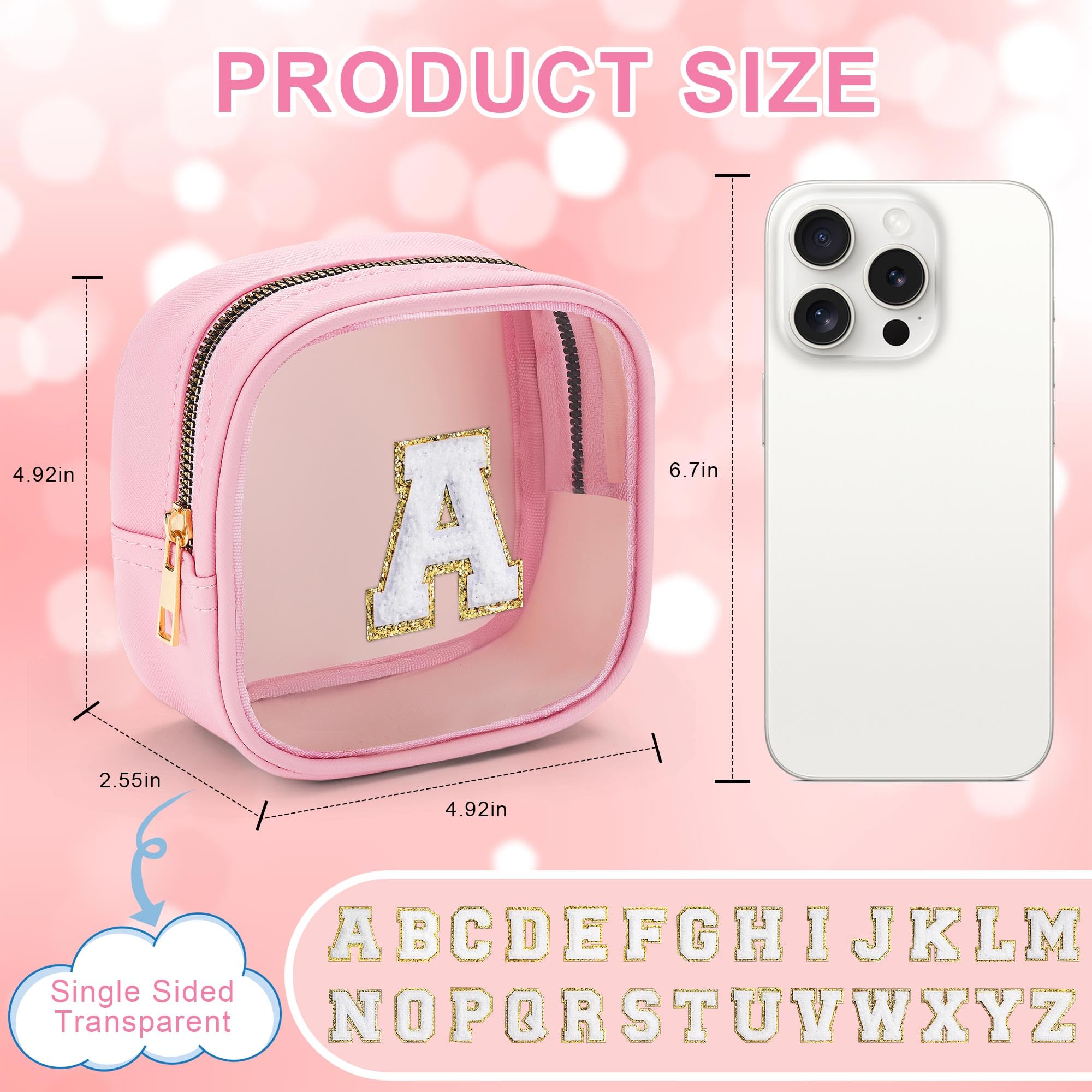 YOOLIFE Initial Mini Makeup Bag - Clear Travel Toiletry Cosmetic Organizer | Preppy Pink Makeup Pouch for Women & Teens | Perfect Gift for Girlfriend, Teacher Birthday | Great for Travel, Gym & Daily Essentials Storage
