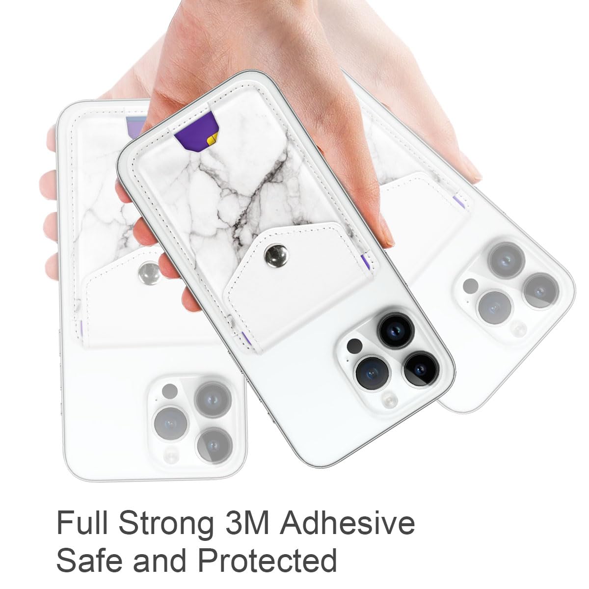 Leather RFID Phone Wallet with Snap - Self Adhesive Card Holder for Back of Phone - White Marble Design - Perfect for Credit Cards, IDs & Transit Passes - Ideal for Work, Travel & Everyday Use