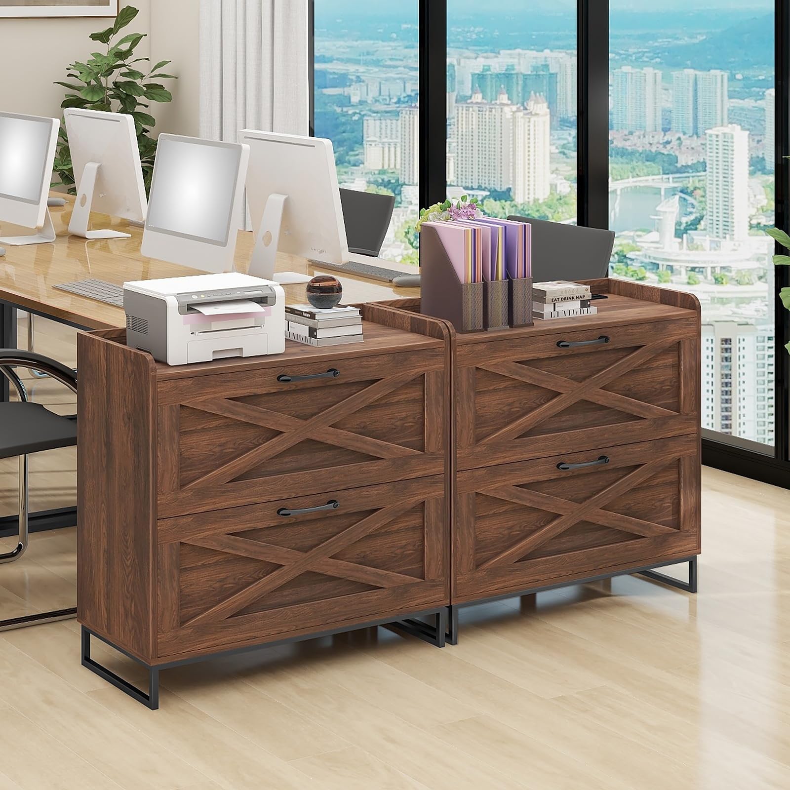 2-Drawer Lateral File Cabinet with Charging Station - Letter/Legal/A4 Size Hanging Files - Wood Office Storage Cabinet & Printer Stand - Dark Walnut - Perfect for Home Office Organization & Workspace Efficiency
