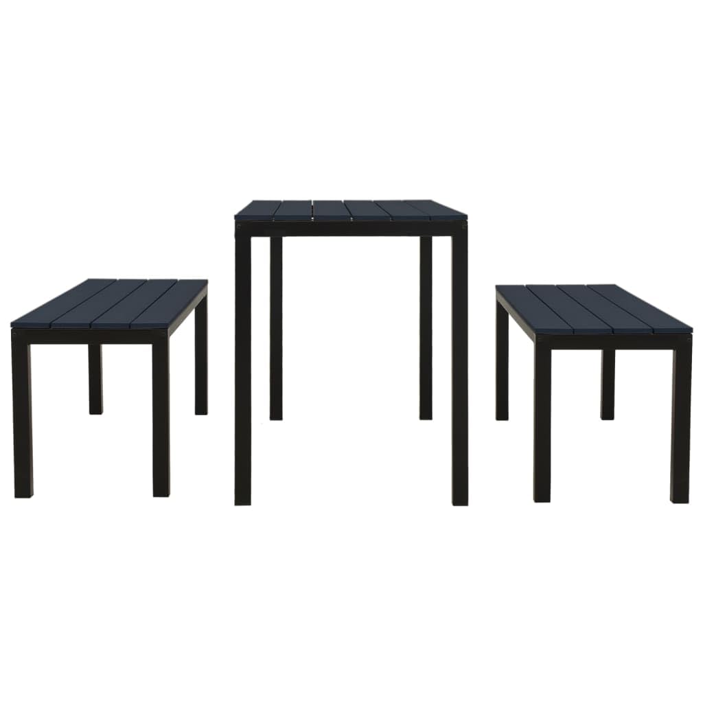 vidaXL 3-Piece Patio Dining Set - Outdoor Steel & WPC Furniture with Weather-Resistant Table & 2 Benches - Black - Perfect for Backyard, Garden or Poolside Dining