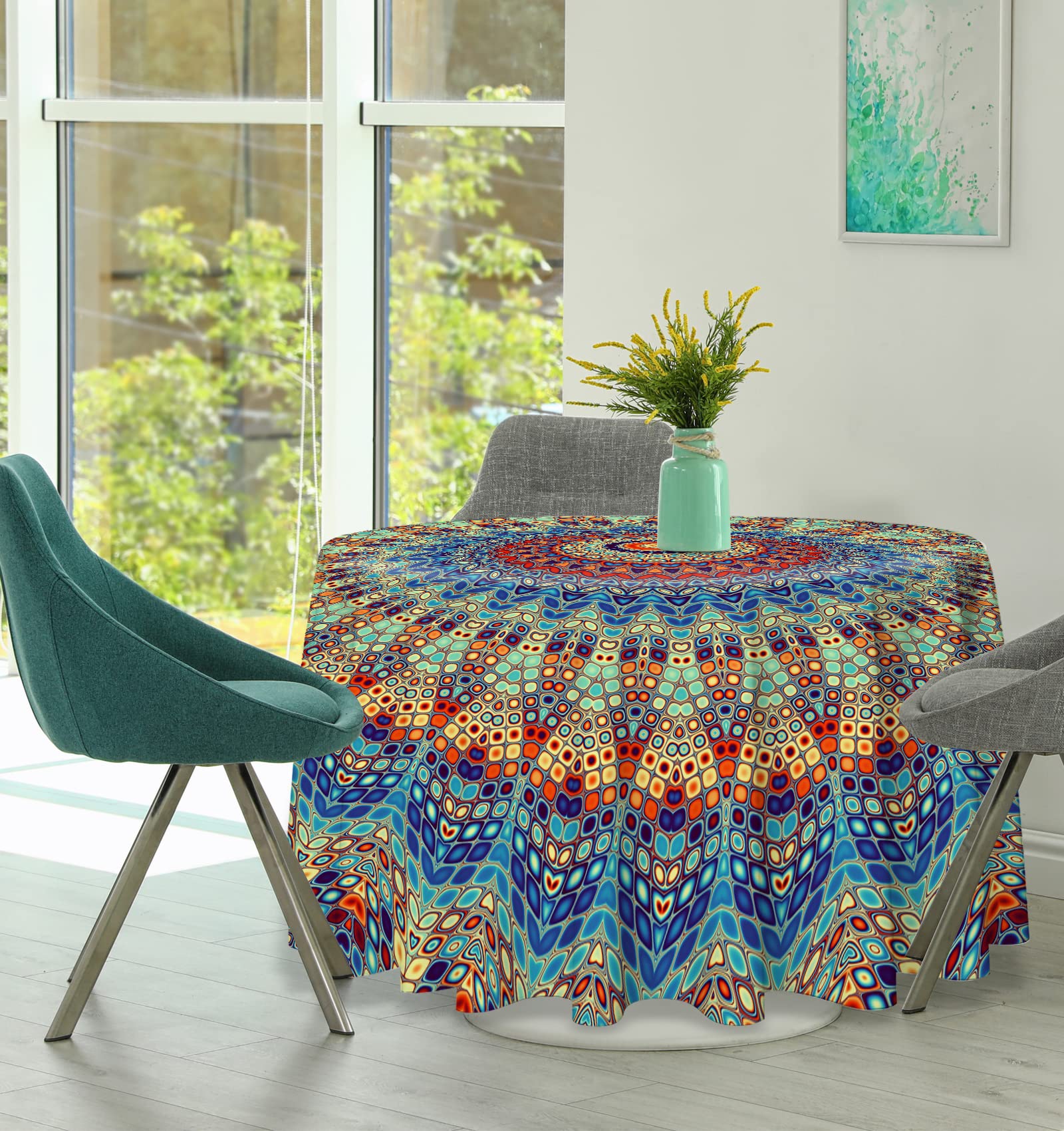 Vantaso 60 Inch Round Tablecloth - Abstract Mandala Floral Design, Polyester & Linen Blend, Machine Washable Table Cover for Kitchen, Dining, Coffee Tables | Perfect for Indoor & Outdoor Decor, Parties, and Daily Use