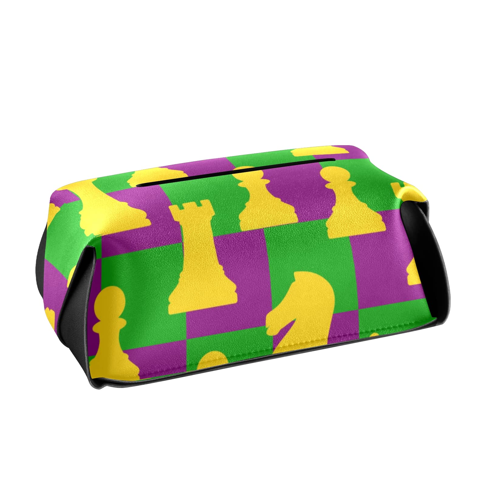 PU Leather Mardi Gras Chess Tissue Box Cover with Handle - Decorative Square Tissue Box Holder for Office, Bedroom, Bathroom | Perfect for Home Decor & Gift Giving