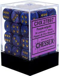 Chessex D6 36 Pack - Purple with Gold Lustrous 12mm Pipped Dice Set for Dungeons & Dragons, RPG Games, and Board Games