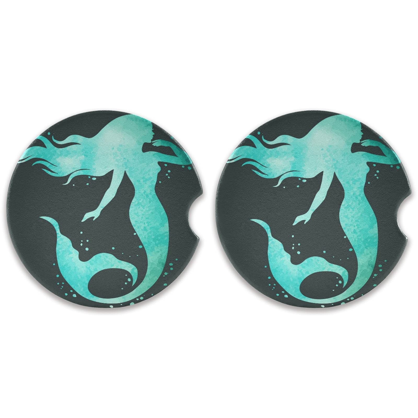 2 Pack Green Mermaid Car Coasters - Absorbent Ceramic Cup Holder Coasters for Cars with Non-Slip Grip (2.5 Inch) - Perfect for Preventing Spills in Vehicles, Office Desks & Home Use