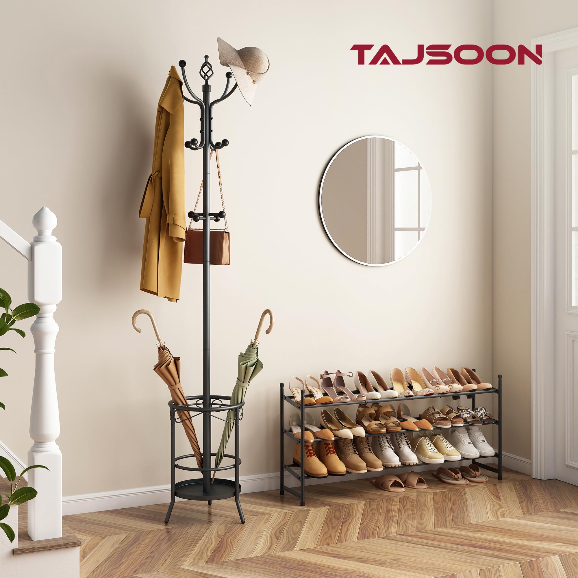 Tajsoon Coat Rack Stand with Umbrella Holder - 12 Hooks Entryway Organizer for Jackets, Hats & Bags | Perfect for Living Room, Bedroom & Office Decor | Space-Saving Hallway Storage Solution