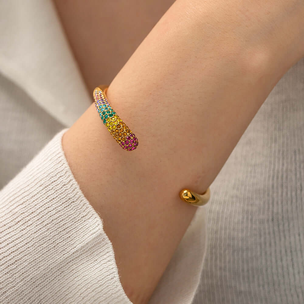 18K Gold Plated Pearl & Rainbow Open Cuff Bangle Bracelet - Elegant Jewelry for Women | Perfect for Parties, Weddings & Special Occasions | JDB489