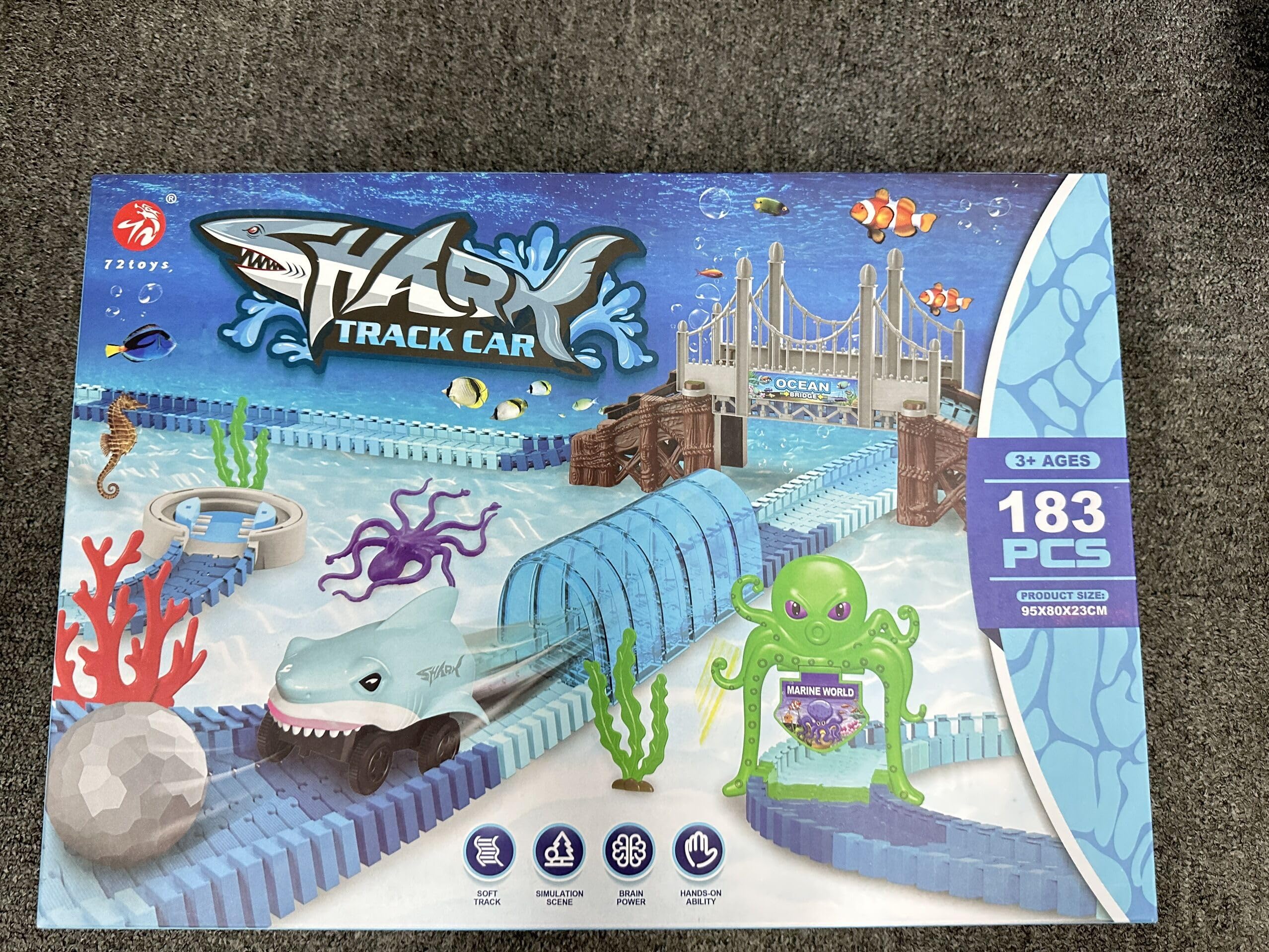 VATOS 183-Piece Shark Race Car Track Set - Flexible Bendable Racetrack with Shark & Ball Toys - STEM Educational Ocean Theme Playset for Boys & Girls Ages 3-9 - Perfect Birthday Gift for Kids Who Love Racing & Marine Adventures