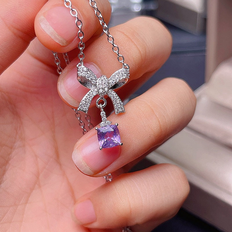 White Gold Amethyst Aquarius Bow Pendant Necklace for Women | Elegant Zodiac Jewelry Gift for Birthday, Anniversary & Valentine's Day | Perfect for Everyday Wear & Special Occasions
