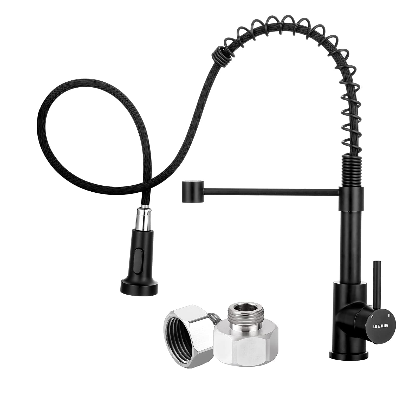 WEWE Black Stainless Steel Commercial Spring Kitchen Faucet with Pull Down Sprayer - One Hole or 3 Hole Installation for RV, Farmhouse Sinks - Includes Adapter - Perfect for Modern Kitchens, Restaurants & Outdoor Use
