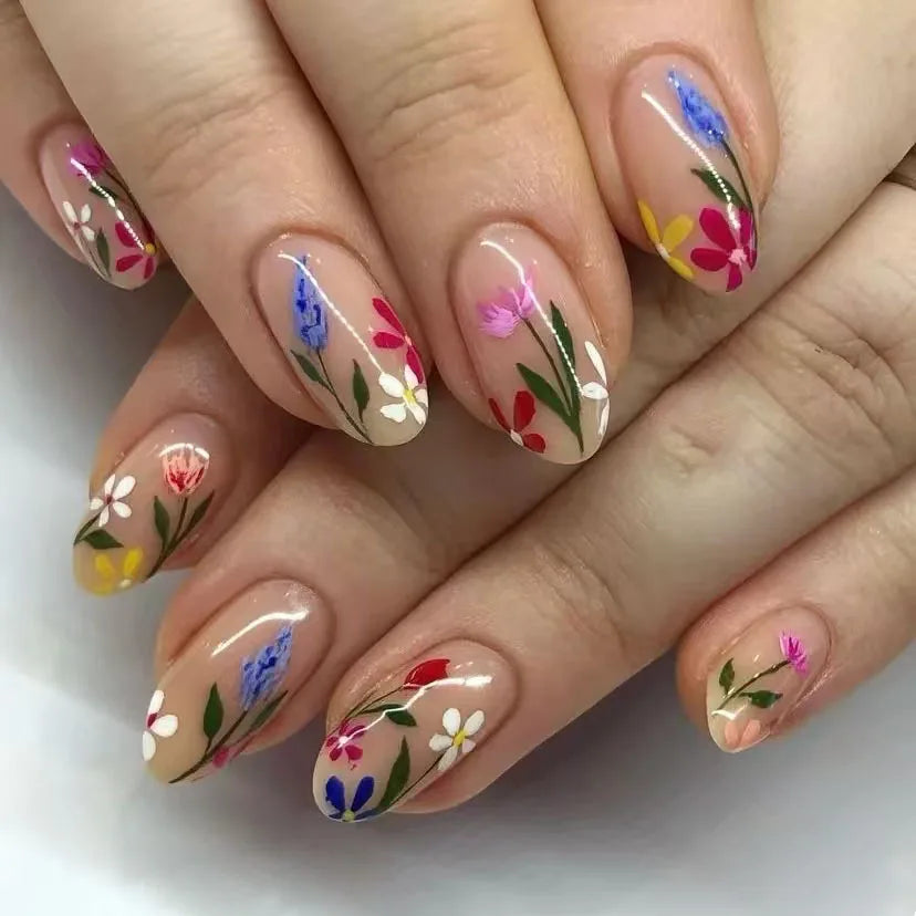 24Pcs Almond False Nails - Colorful Flower Design Press On Nails, Short Oval Full Cover Fake Nails for Everyday Wear & Special Occasions