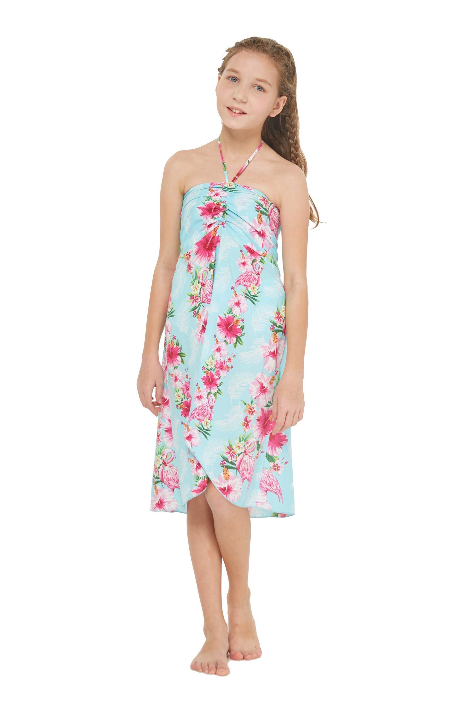 Hawaiian Luau Kimono Dress for Women & Girls - Pink Turquoise Hibiscus Vine Print Matching Mother Daughter Outfits | Beach Party, Summer Vacation, Family Photos