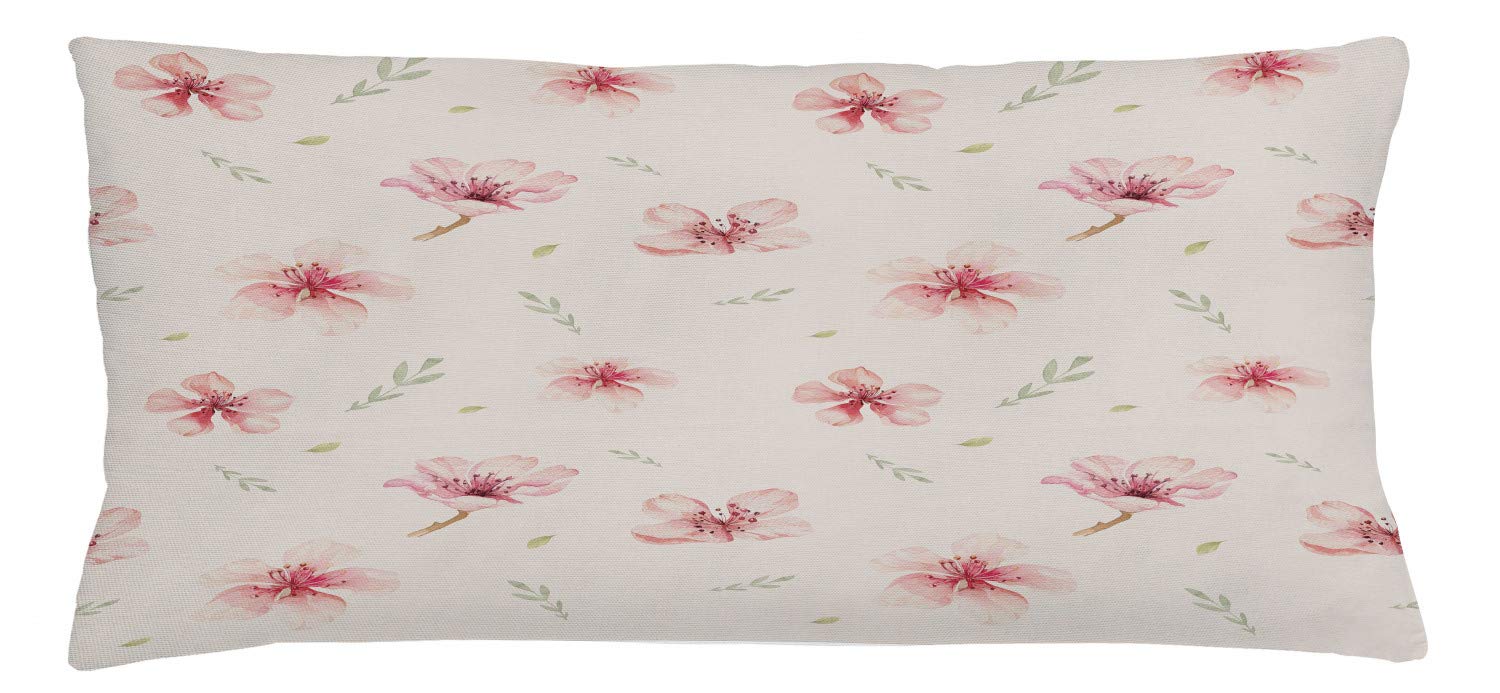 Lunarable Vintage Cherry Blossom Throw Pillow Cover - Dusty Rose & Pale Green Floral Cushion Case 36x16 Inches - Spring Garden Decor for Sofa, Bedroom & Living Room Accent Pillow