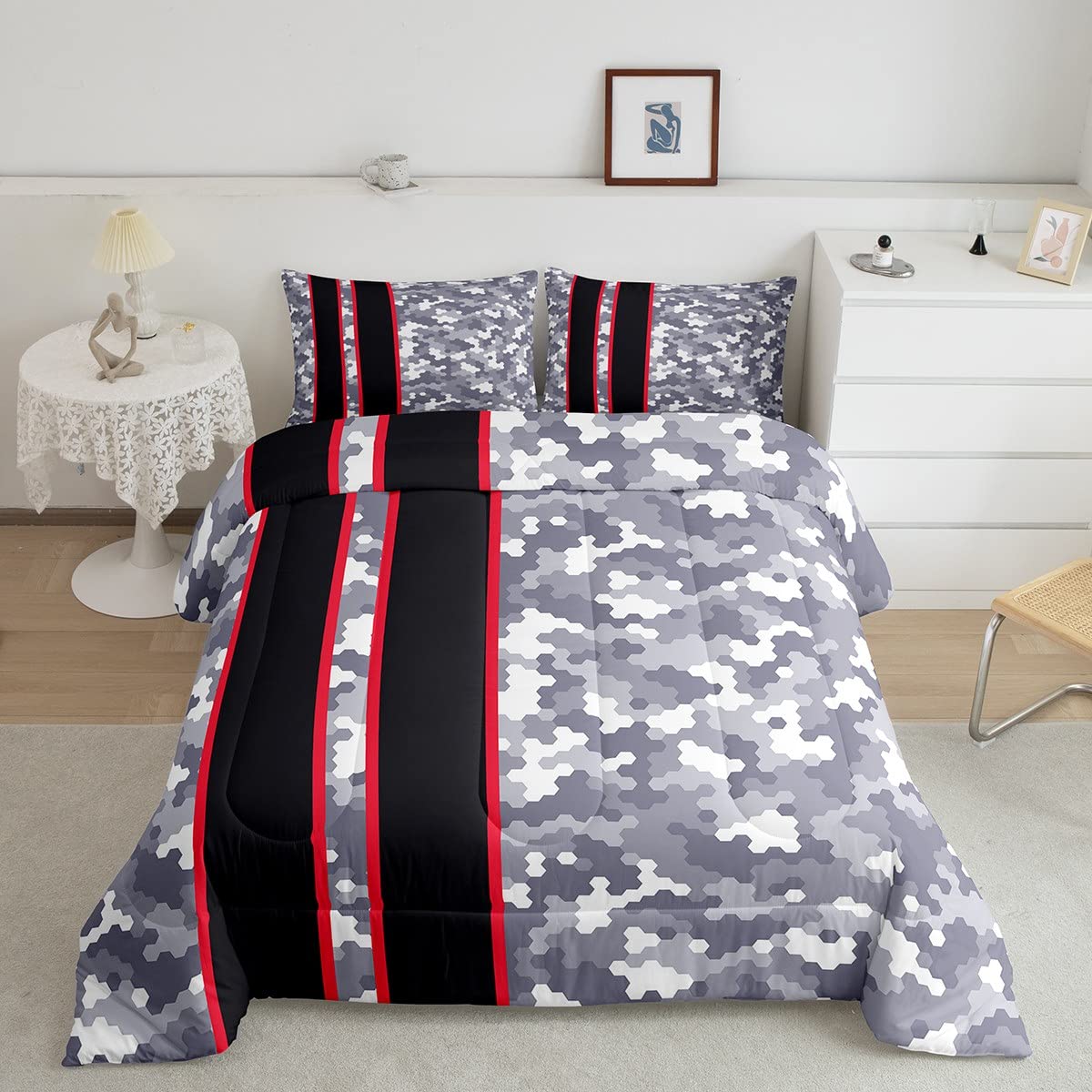 **Feelyou Boys Queen Size Camouflage Comforter Set - Army Camo Bedding for Kids & Teens, Grey White Honeycomb Pattern, Military Style Quilt for Boys Room Decor - Perfect for Bedrooms, Dorms, and Camping**
