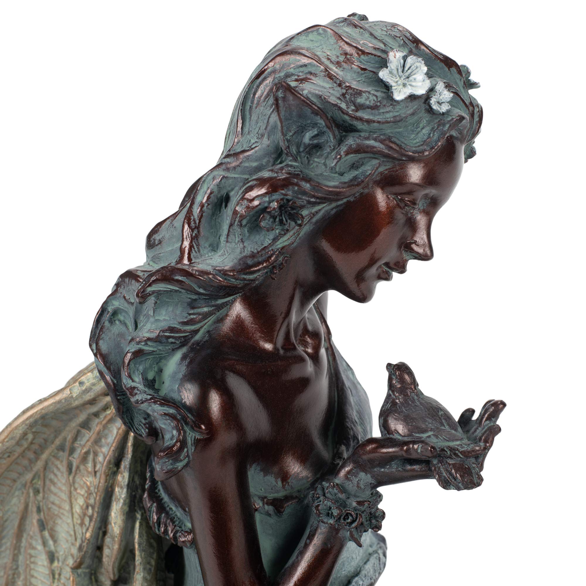 19 x 7.25 x 12 Inch Weather-Resistant Resin Fairy Garden Statue with Bird - Handcrafted Sitting Fairy Sculpture in Weathered Bronze & Stone Finish for Indoor Decor, Outdoor Patio, Lawn Ornament, and Fairy Garden Accessories