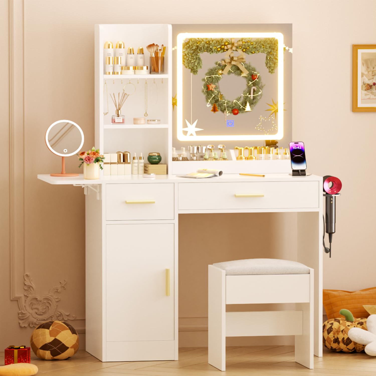 Vanity Desk with Mirror and LED Lights - 35.43