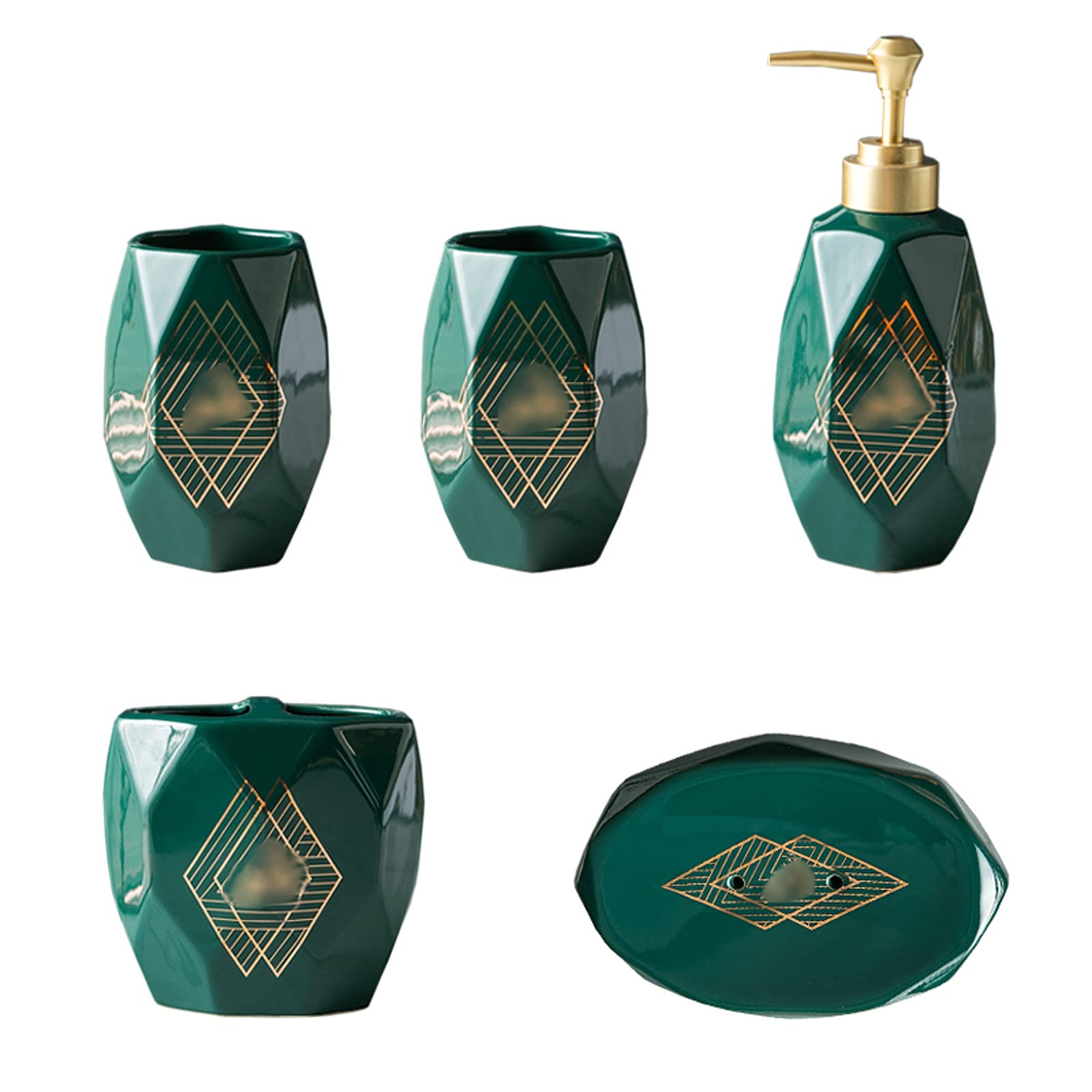 OUMIFA Automatic Soap Dispenser - Handmade Diamond-Shaped Ceramic Bathroom Set (5-Piece) with Lotion Bottle, Mouthwash Cup, Toothbrush Holder & Soap Dish - Elegant Green Home Decor for Modern Bathrooms, Kitchens & Guest Washrooms