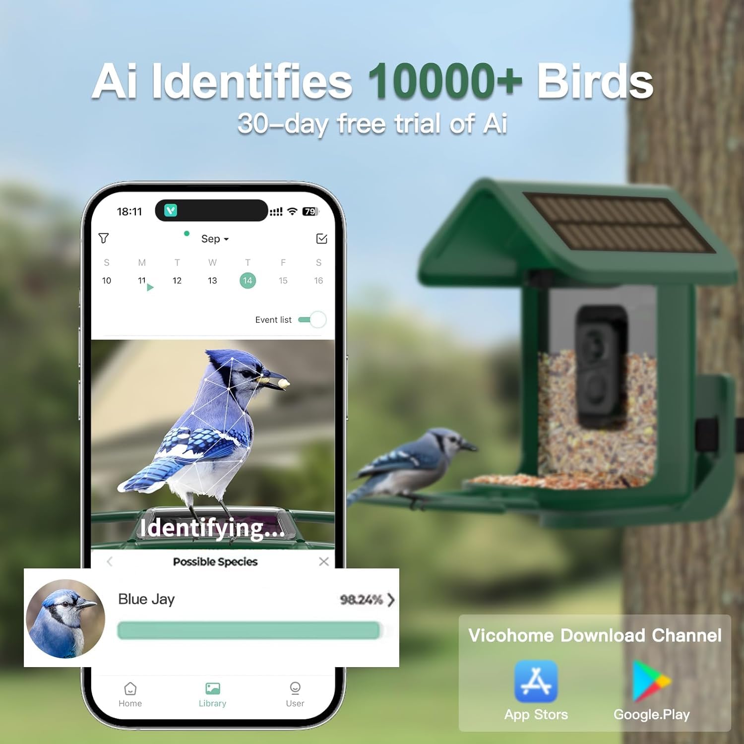 Solar Powered Smart Bird Feeder with 2K Camera - AI Bird Identification, Auto Video Capture, 2.4GHz WiFi - Perfect Backyard Gift for Bird Lovers & Parents (Ideal for Bird Watching, Nature Observation & Outdoor Decor)
