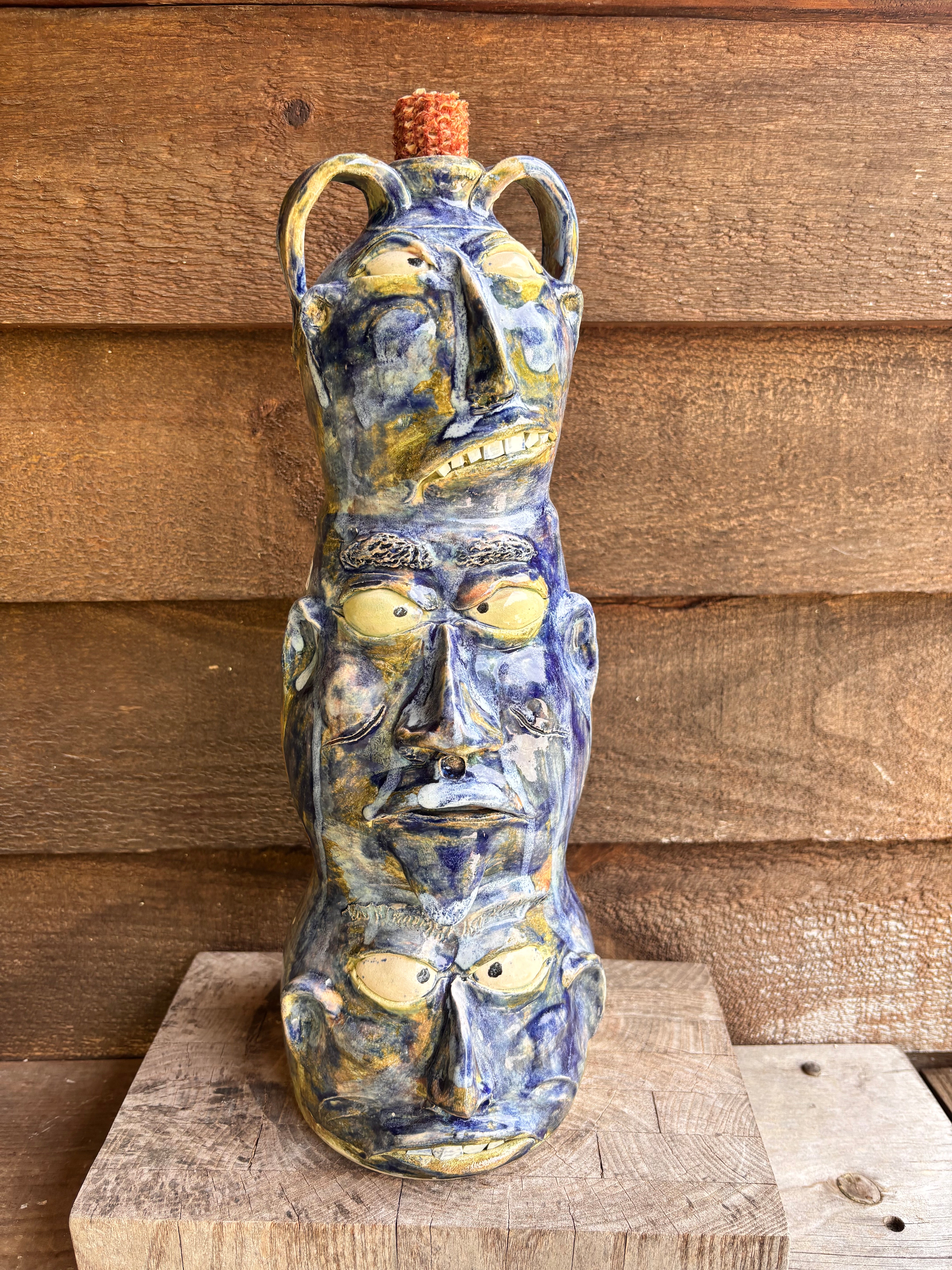 Wayne Hewell Triple Totem 14 Face Ceramic Jug - Handcrafted Tribal Art Pottery for Home Decor, Collectibles & Spiritual Altar Use