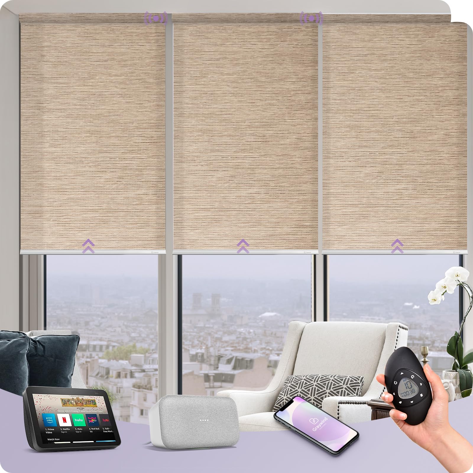 Graywind Motorized Smart Woven Roller Shades - Alexa & Google Home Compatible, Rechargeable Cordless Remote, Custom Sizes (Woven Beige) - Perfect for Living Rooms, Bedrooms & Home Offices