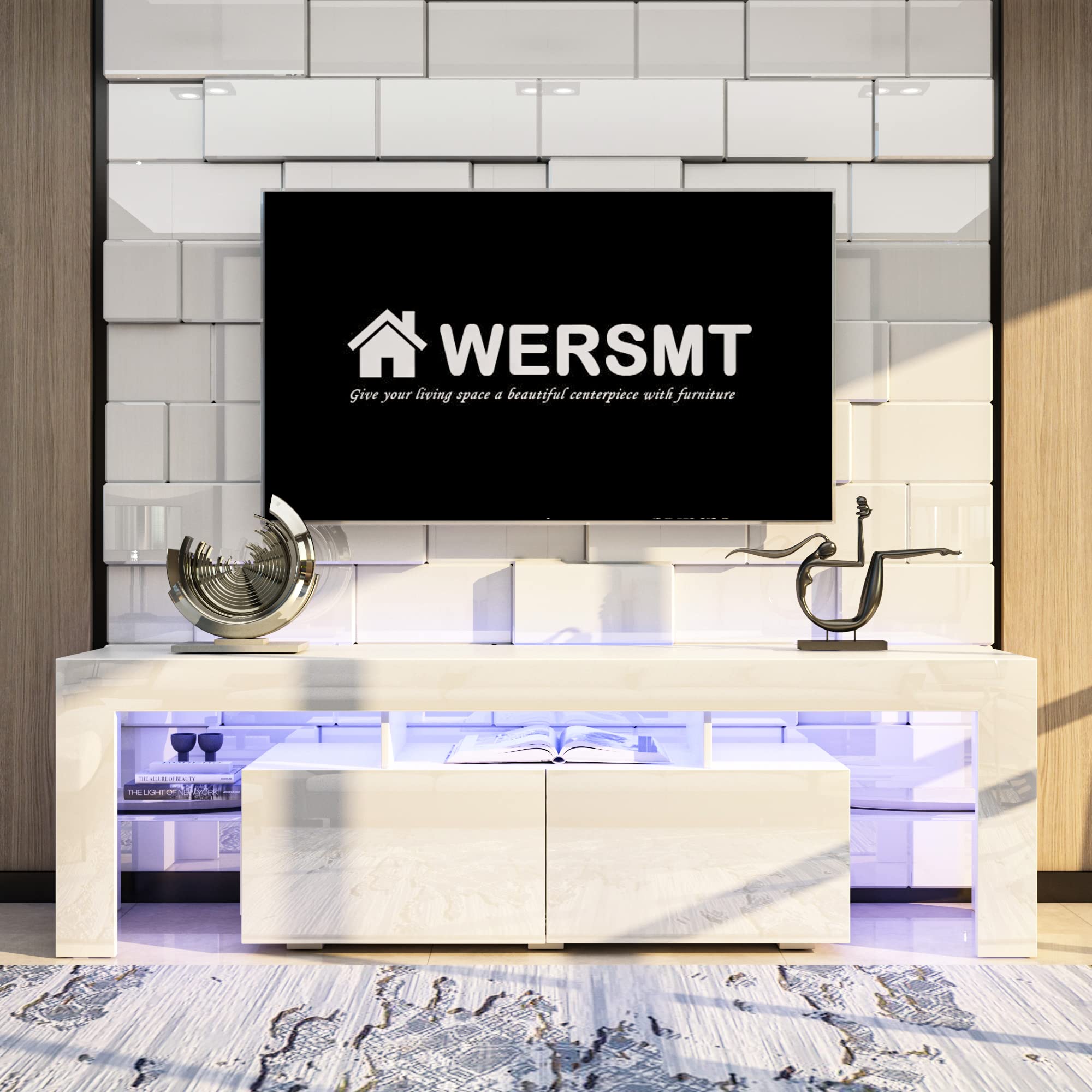 Modern White LED TV Stand for 70 Inch TVs - High Gloss Entertainment Center with 2 Storage Drawers - Large TV Cabinet for Living Room, Bedroom & Home Theater Setup