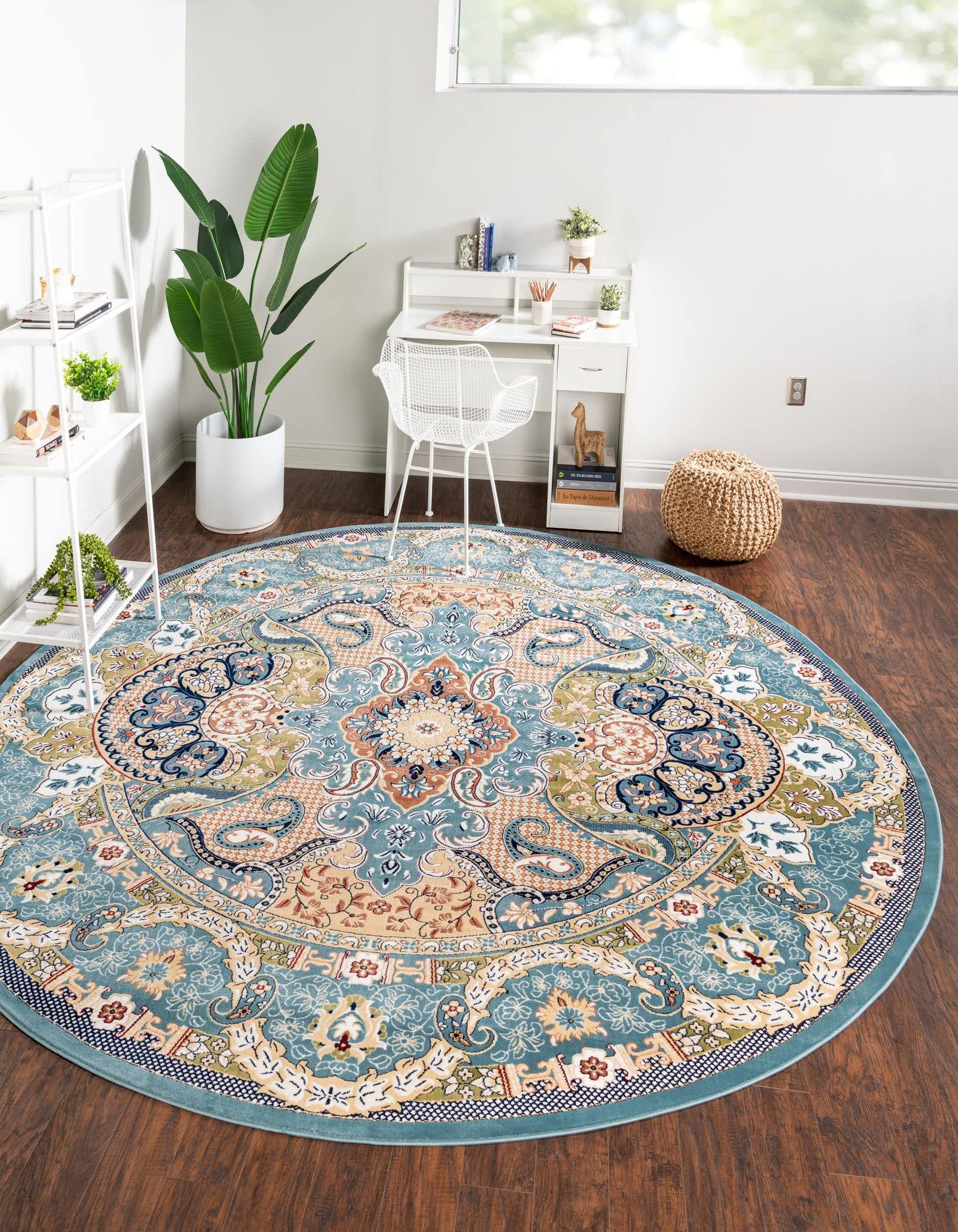 Unique Loom Narenj Collection Classic Traditional Medallion Textured Area Rug - 10' Round Blue & Black Oriental Rug for Living Room, Bedroom, Dining Room Decor