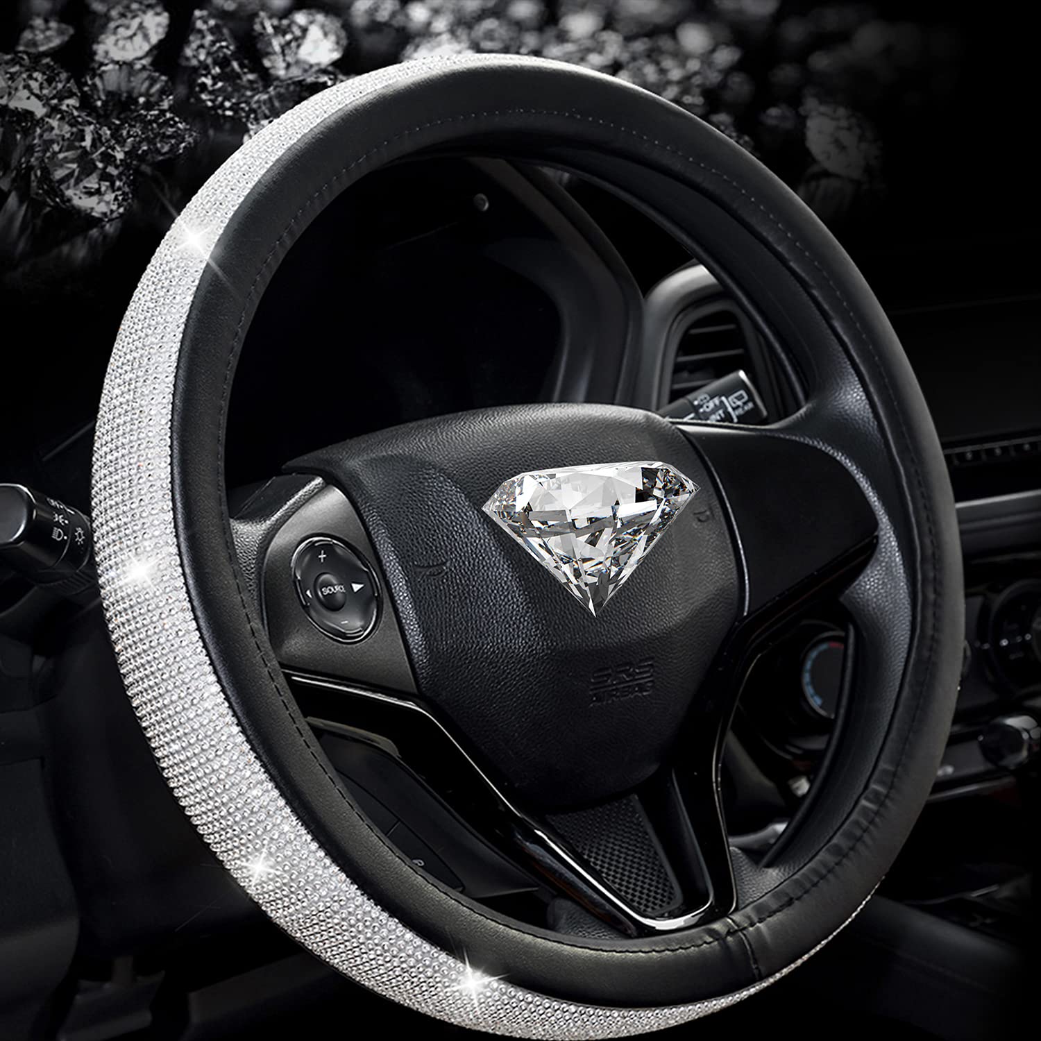 Diamond Leather Steering Wheel Cover with Bling Bling Crystal Rhinestones - Universal 15 Inch Fit for Cars, SUVs & Trucks - Stylish Black Wheel Protector for Women & Girls - Perfect for Daily Commute & Road Trips