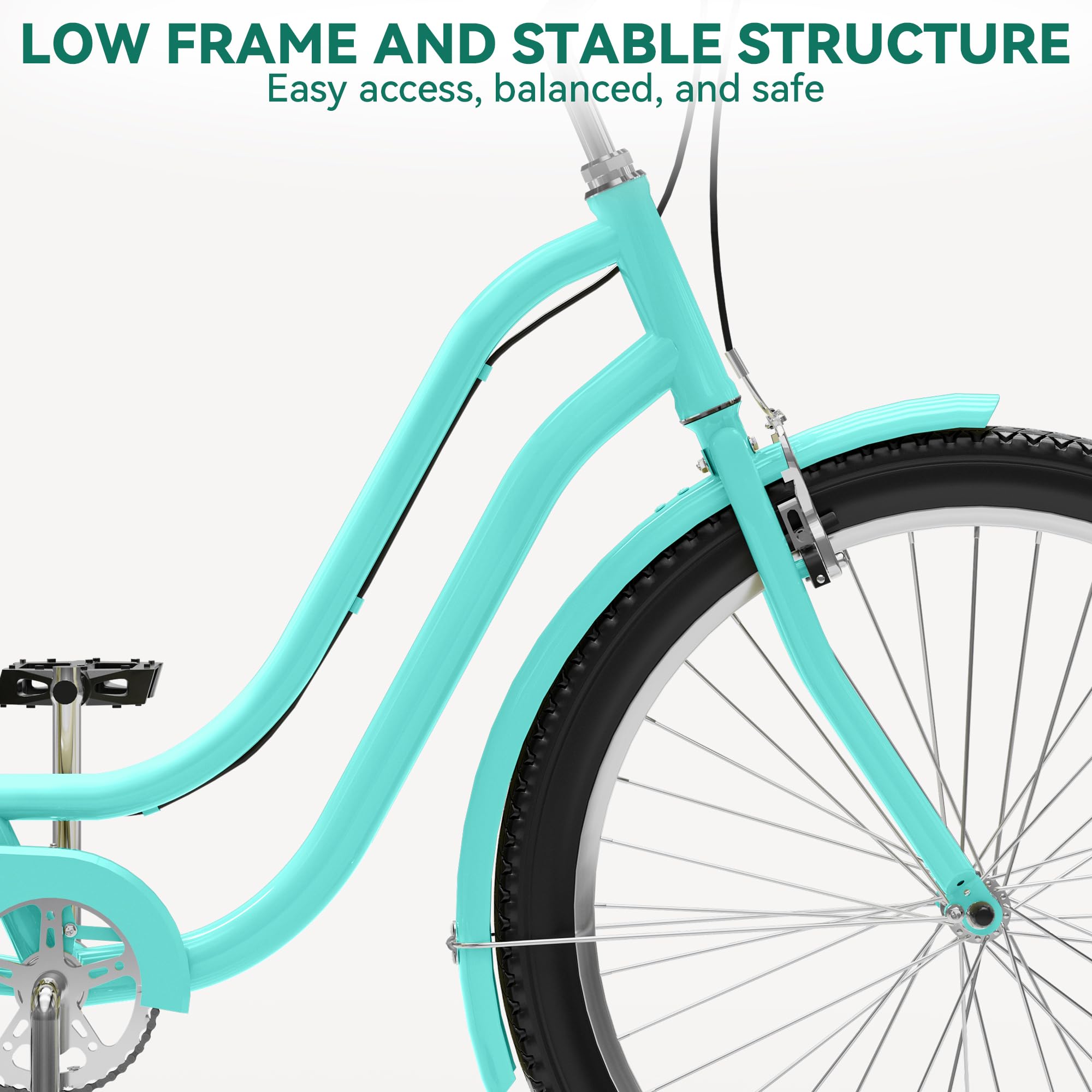 YITAHOME 24 & 26 Inch Beach Cruiser Bike for Adults - 7 Speed & Single Speed Commuting Bicycle with Steel Frame - Step-Through Design for Men & Women - Includes Full Front & Rear Fenders - Perfect for Beach Rides, City Commuting & Leisure Cycling