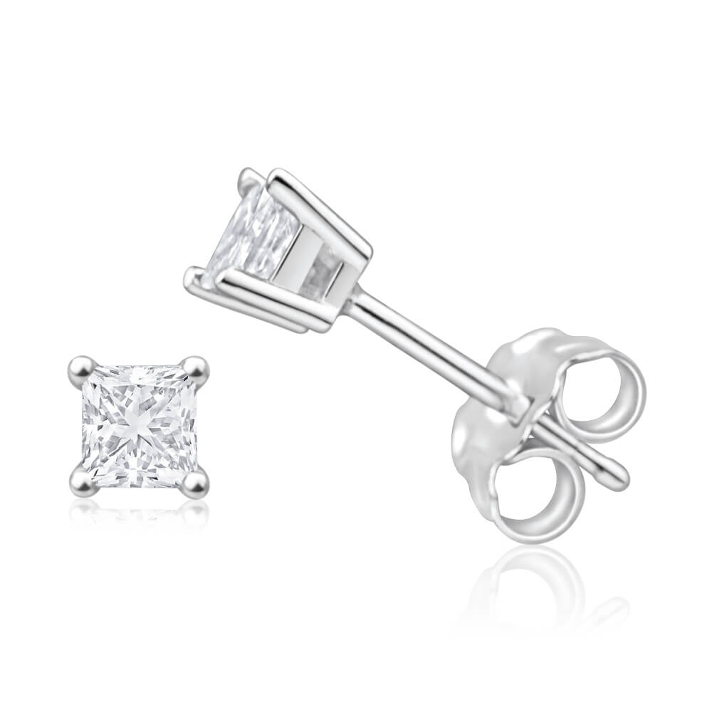 9ct White Gold Diamond Stud Earrings Set with 2 Princess Cut Diamonds - Perfect for Weddings, Anniversaries & Special Occasions