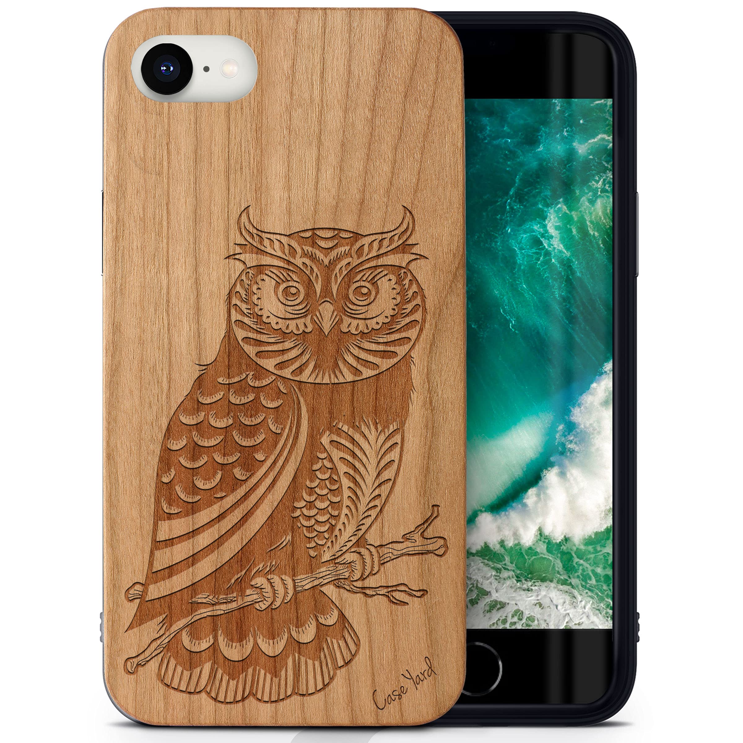 CaseYard Cherry Wood iPhone SE Case - Laser Engraved Owl Design | Slim Fit Shockproof Protective Cover for Men & Women | Perfect for Outdoor Adventures & Daily Use
