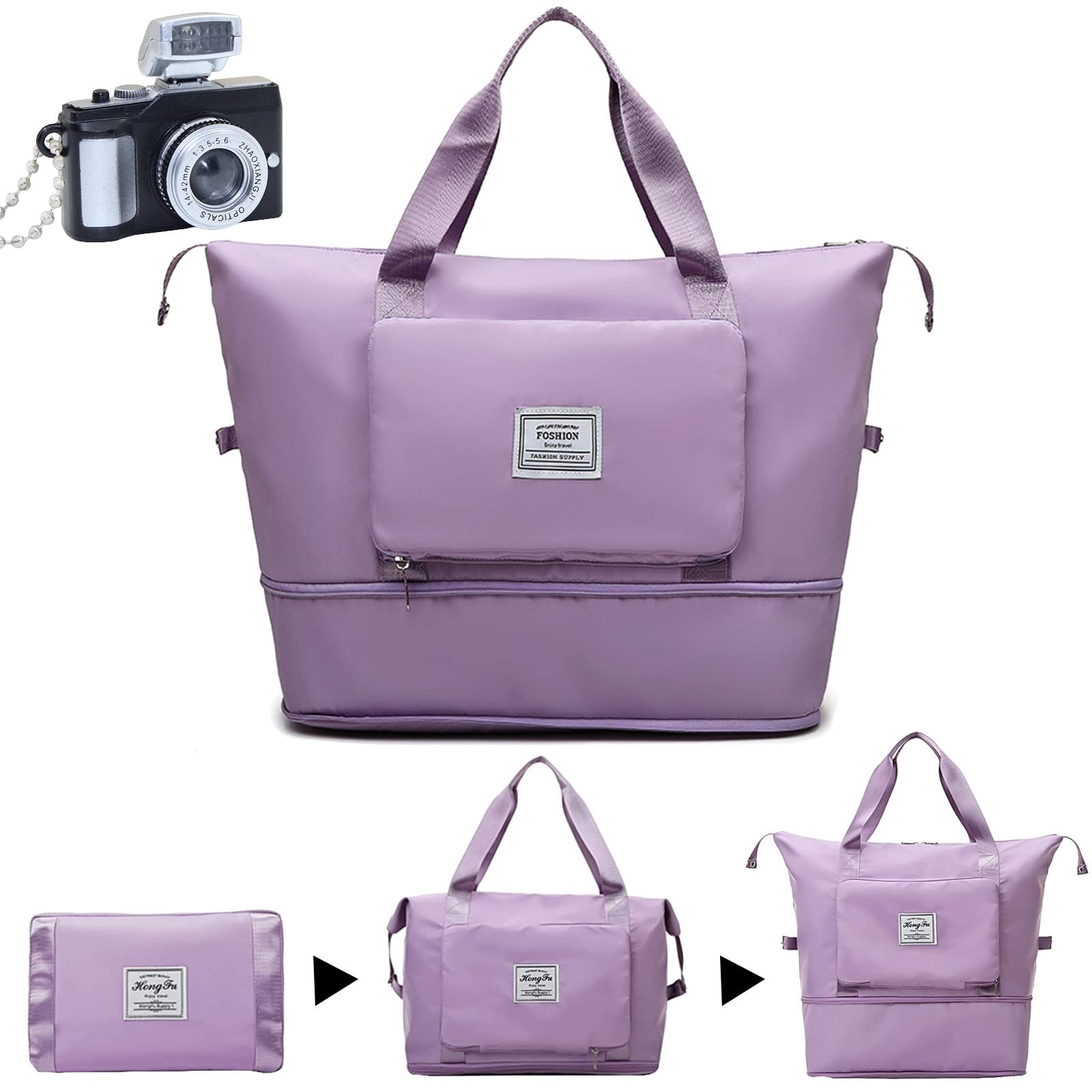 Large Capacity Waterproof Folding Travel Tote Bag - Lightweight Weekender with Dry/Wet Separation for Women | Perfect for Gym, Beach & Weekend Getaways (Purple)