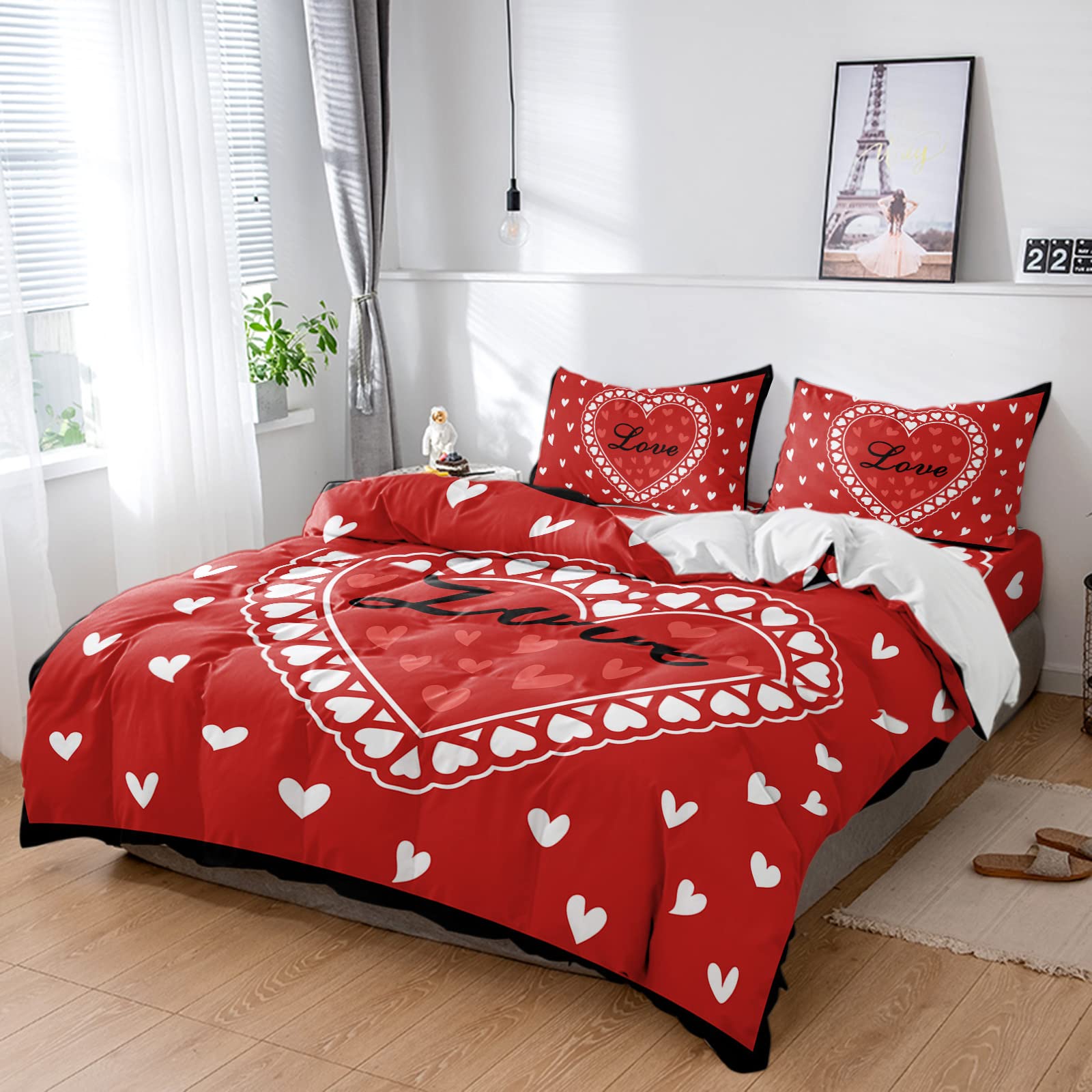 California King 4-Piece Duvet Cover Set with Romantic Heart Design - Valentine's Day Red Bedspread & 2 Pillow Shams - All-Season Microfiber Bedding for Cozy Bedroom Decor | Perfect for Master Bedrooms, Guest Rooms & Romantic Getaways
