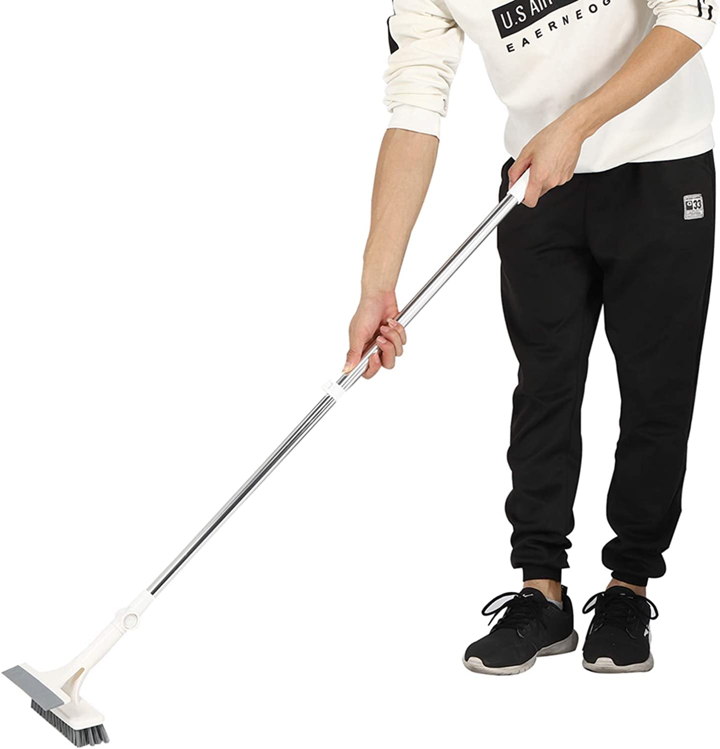 Amso Floor Scrubber Brush with Squeegee - Soft Bristle Long Handle Cleaning Brush for Bathroom, Shower, Kitchen, Tile & Patio - Perfect for Deep Cleaning Floors, Walls and Outdoor Surfaces