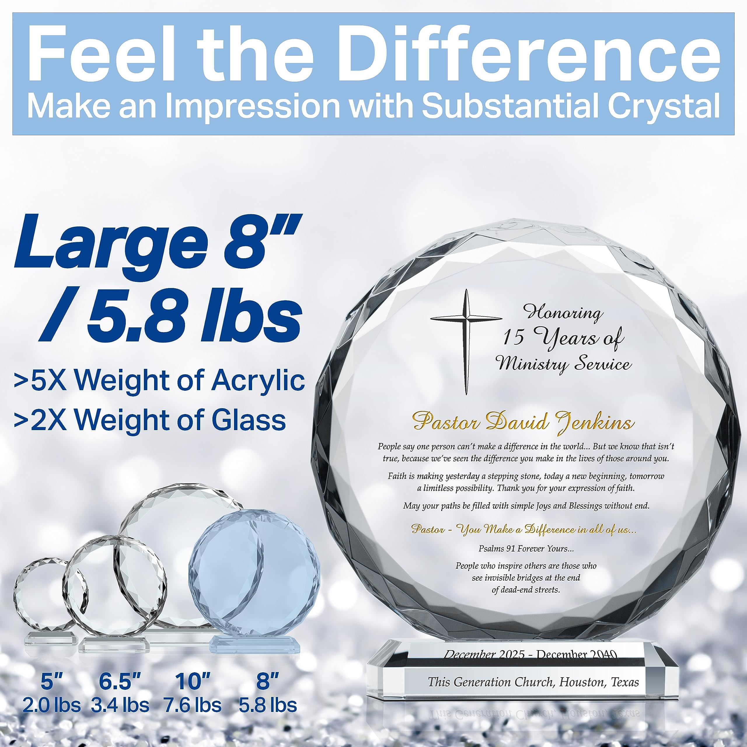 Custom Engraved Crystal Pastor Anniversary Plaque - Personalized with Pastor Name, Church Name & Date - Unique Religious Appreciation Gift for Pastors, Ministers & Clergy (8 Inch) - Perfect for Ordination, Retirement & Years of Service Celebrations