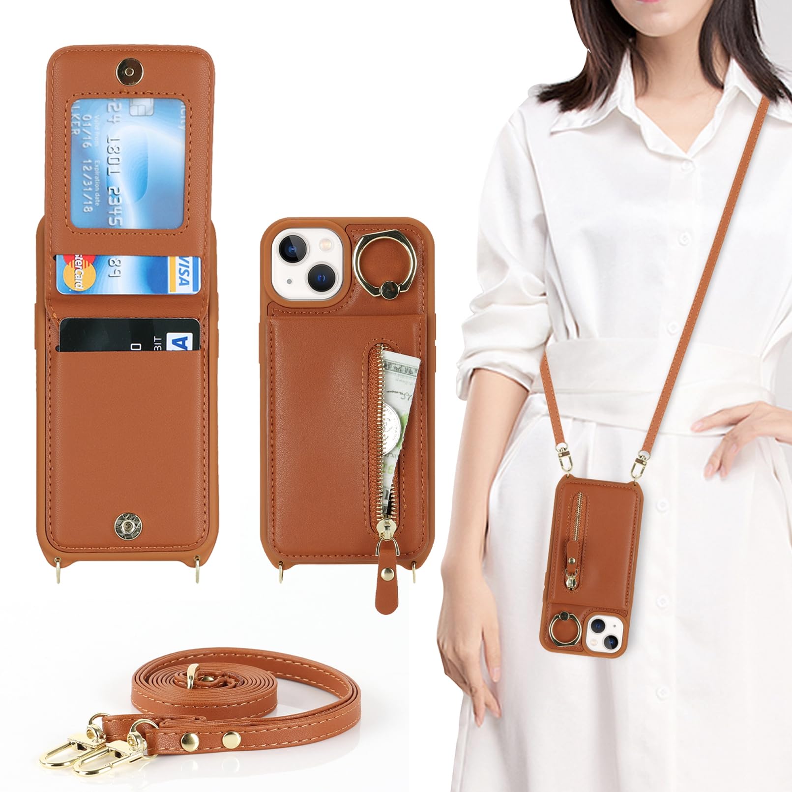 Jaorty iPhone 13 Mini Wallet Case for Women - Slim Protective Phone Cover with Card Holder, Crossbody Lanyard, Kickstand & Ring Holder (5.4 Inch, Brown) | Perfect for Hands-Free Shopping, Travel & Everyday Use