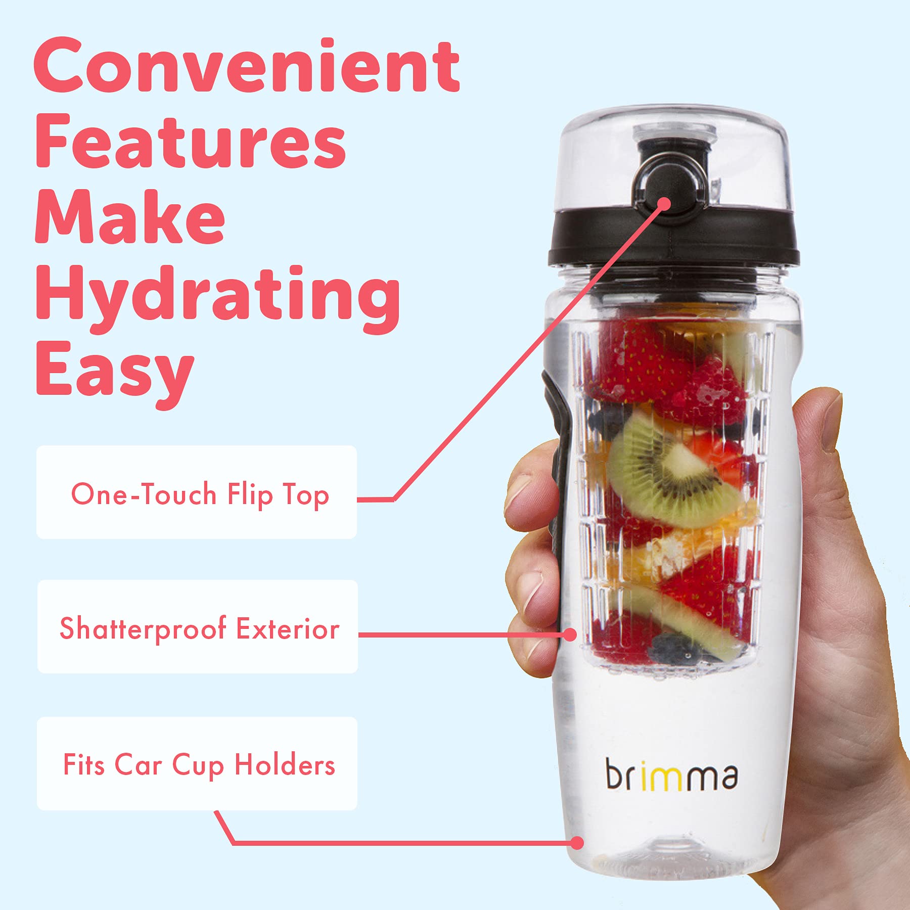 Brimma 32 oz Leakproof Fruit Infuser Water Bottle - Large Plastic Infusion Bottle for Detox, Gym, Camping & Travel - Perfect for Hydration, Weight Loss & Healthy Lifestyle