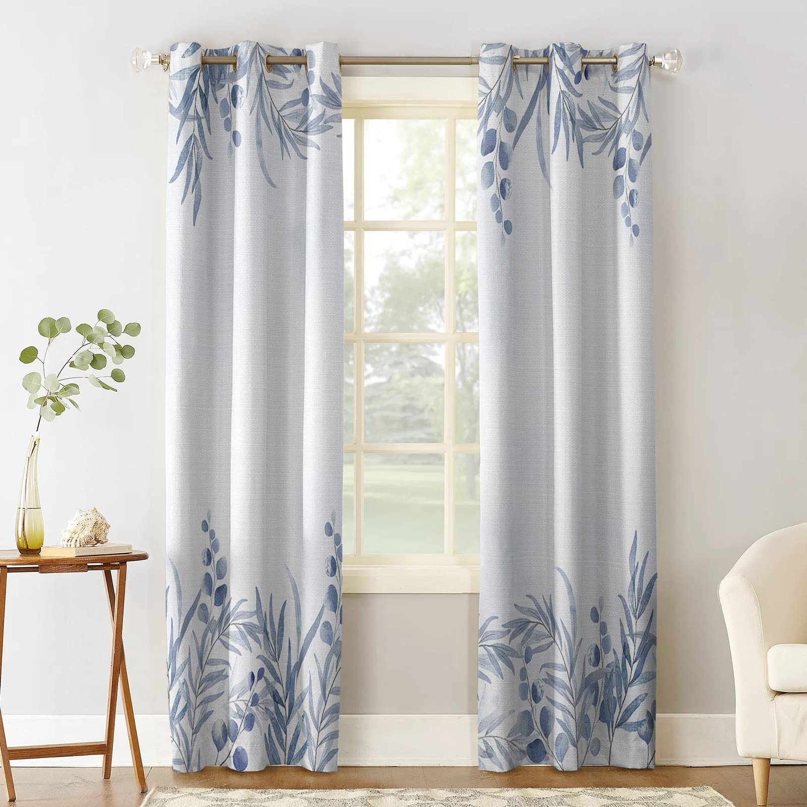 Blackout Curtains 96 Inches Long - 2 Panels Set with Blue Watercolor Leaf Pattern | Thermal Insulated Room Darkening Window Drapes with Grommet Top | Perfect for Living Room, Bedroom & Nursery Decor | Blocks Sunlight for Better Sleep & Energy Savings