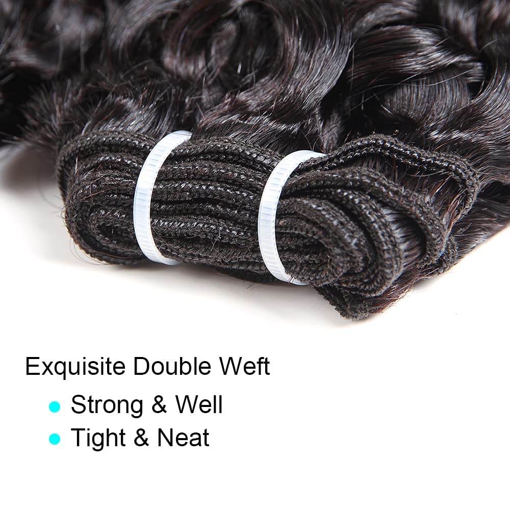 UDU 9A Brazilian Virgin Human Hair Bundles with Closure - Water Wave Curly Hair Extensions, 100% Natural Black, 50g/Bundle (8 8 8+8Closure) for Stunning Beach Waves & Everyday Glamorous Look