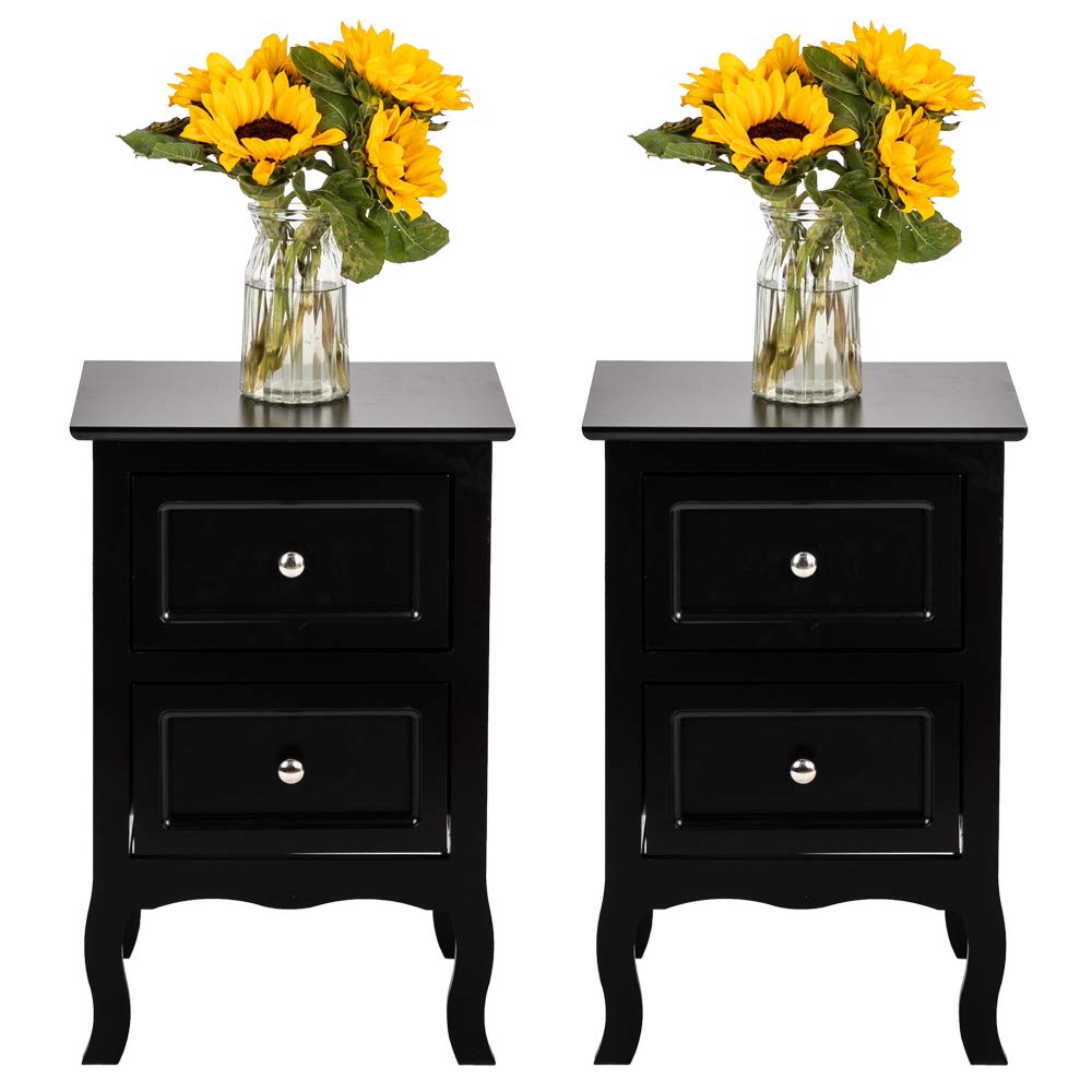 WiCCI 2-Piece Country Style Two-Tier Nightstand Set - Large Bedside End Tables with Storage for Bedroom & Living Room Organization (Black) | Perfect for Small Spaces, Guest Rooms & Apartment Decor