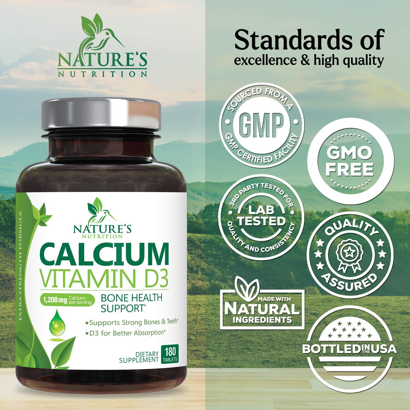 1200mg Calcium with Vitamin D3 Supplement - Supports Bone Strength, Teeth & Immune Health - Absorbable Calcium Carbonate for Women & Men - 180 Tablets - Ideal for Daily Bone Support & Healthy Aging