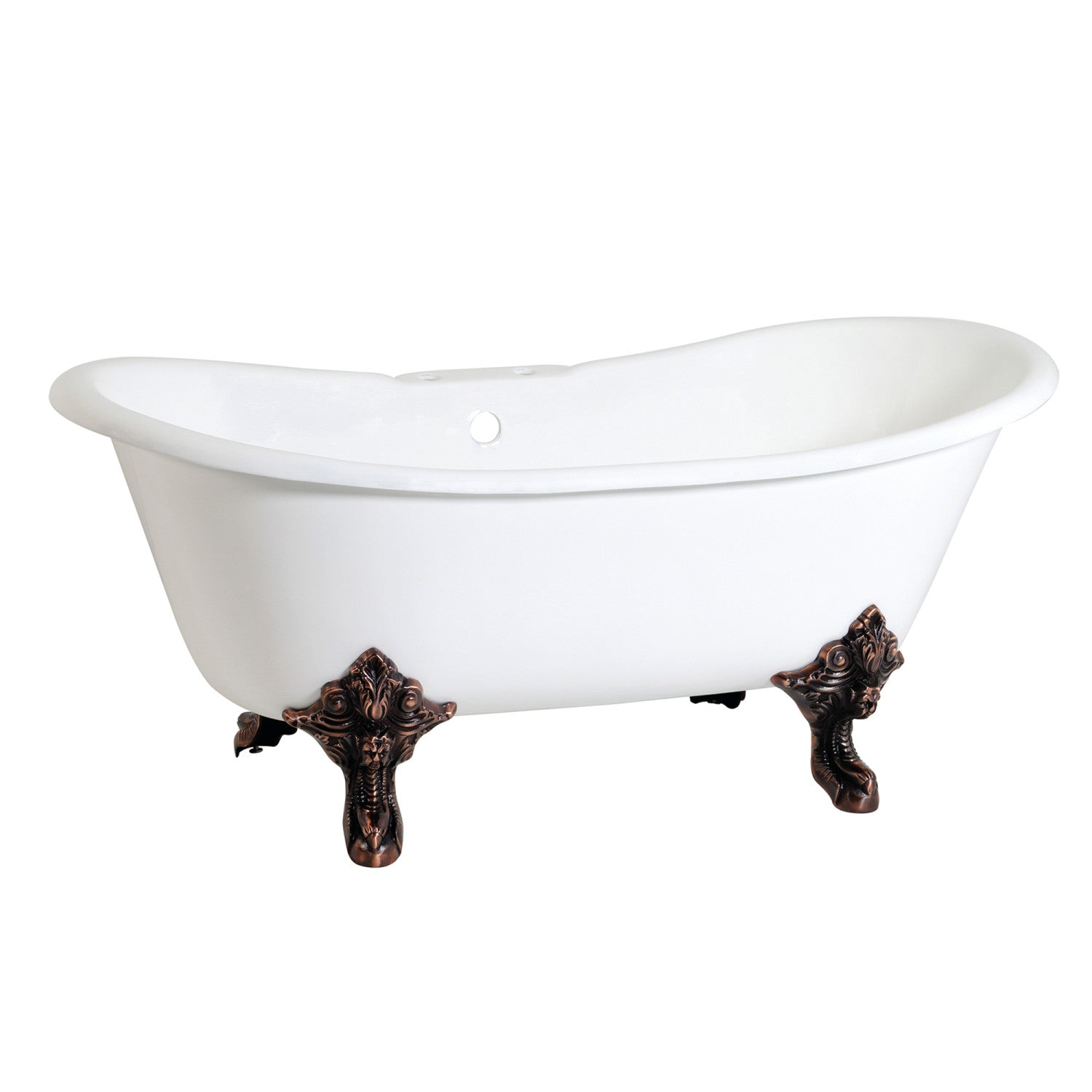 Aqua Eden 67 Inch White Cast Iron Clawfoot Bathtub - Oil Rubbed Bronze Double Slipper Oval Tub with 7