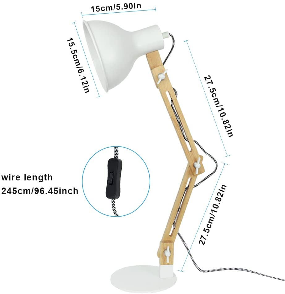 Depuley Swing Arm Desk Lamp - Adjustable Wood Gooseneck Table Light with White Metal Shade (Bulb Included) | Modern Architect Design for Home Office, Study, Bedroom & College Dorm | Perfect Reading Light for Work & Nighttime Use