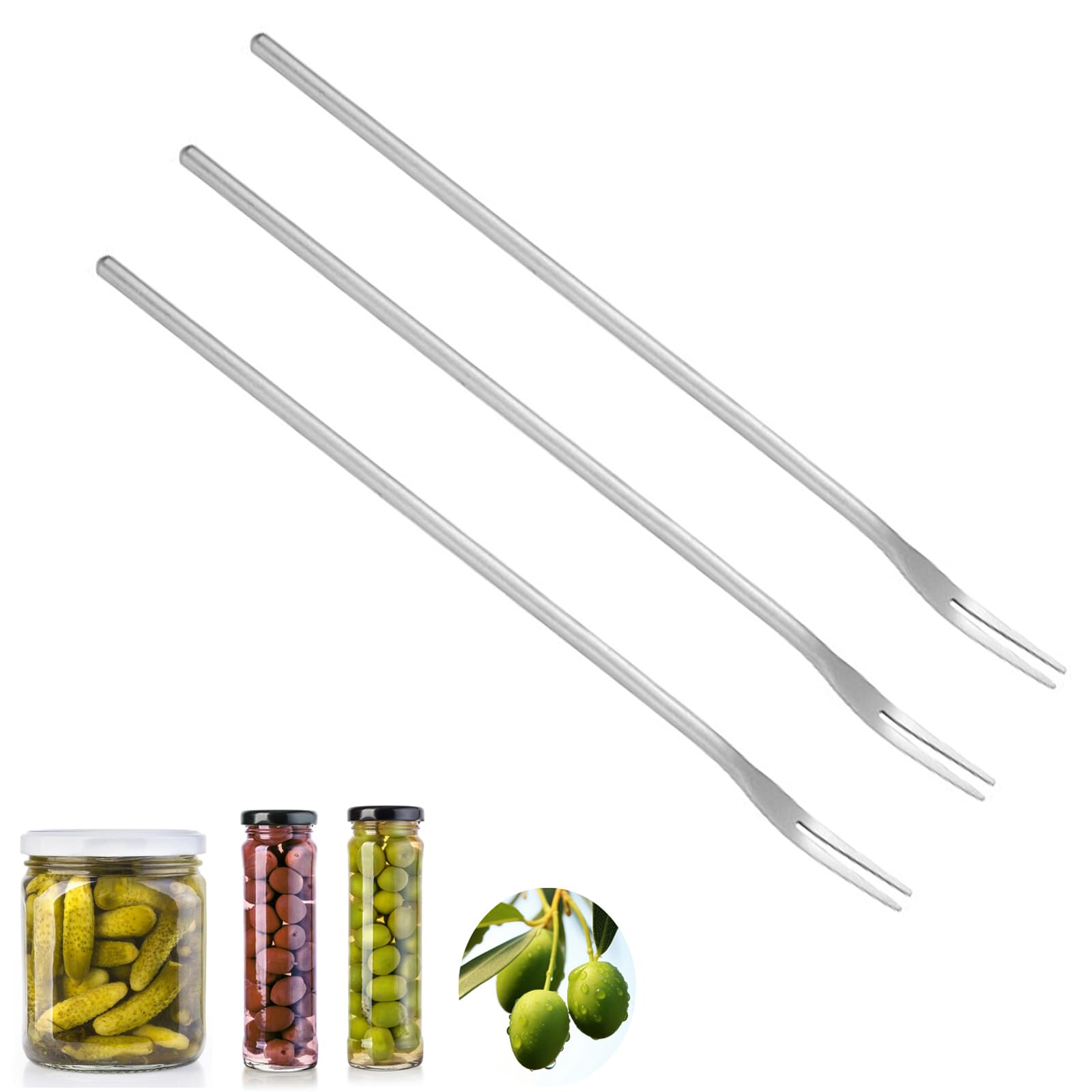 3-Piece Stainless Steel Pickle Forks Set - 8.6 Inch Long Handle for Jars, Cocktail & Olive Forks - Perfect for Pickles, Desserts, Fruits & Party Snacks