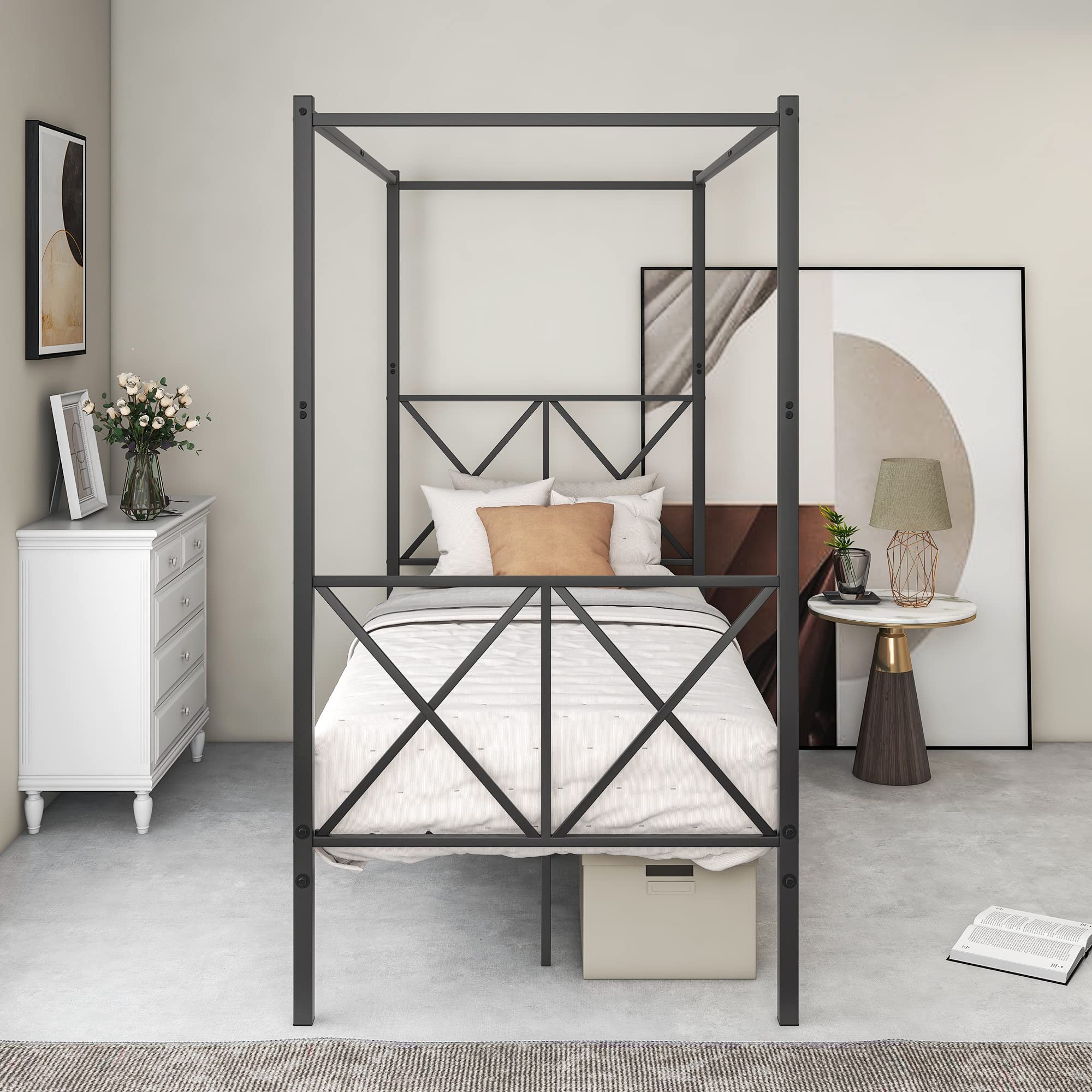 **Metal Canopy Bed Frame - No Box Spring Needed, X-Shaped Support, Black Twin Size - Perfect for Kids' Rooms, Guest Bedrooms & Cozy Dorm Spaces**
